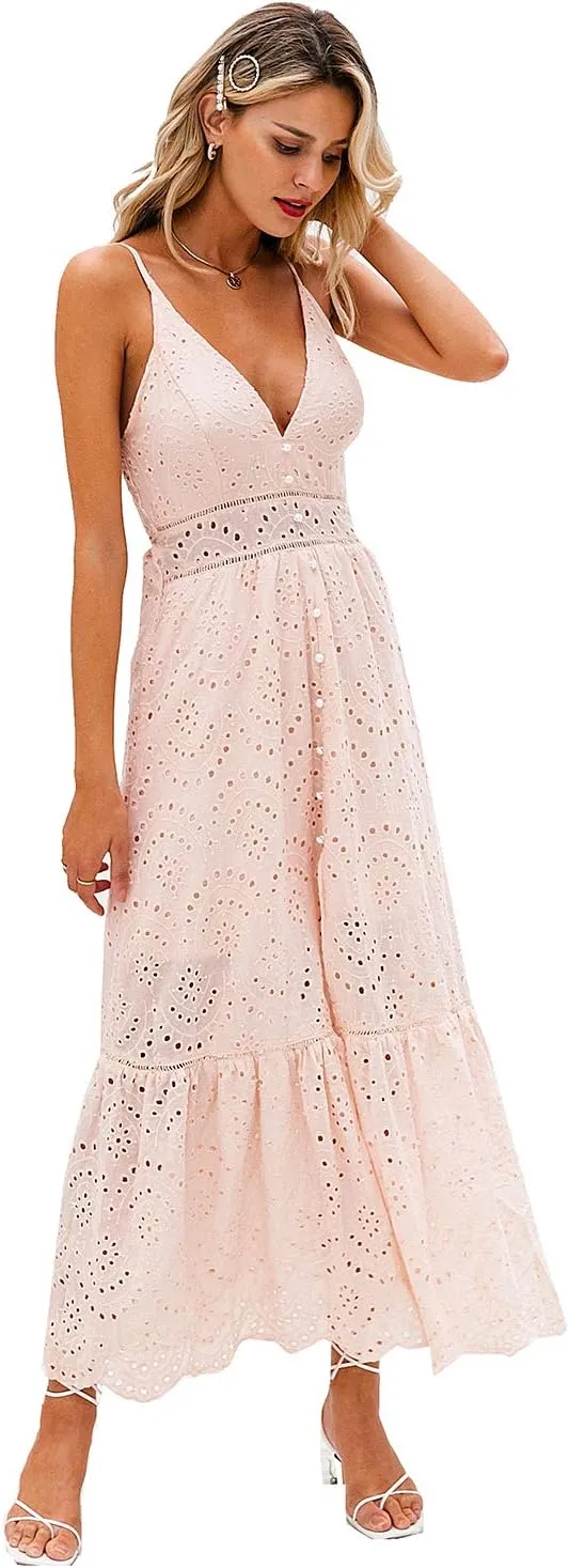BerryGo Women's Embroidery Pearl Button Down Dress V Neck Spaghetti Strap Maxi Dress