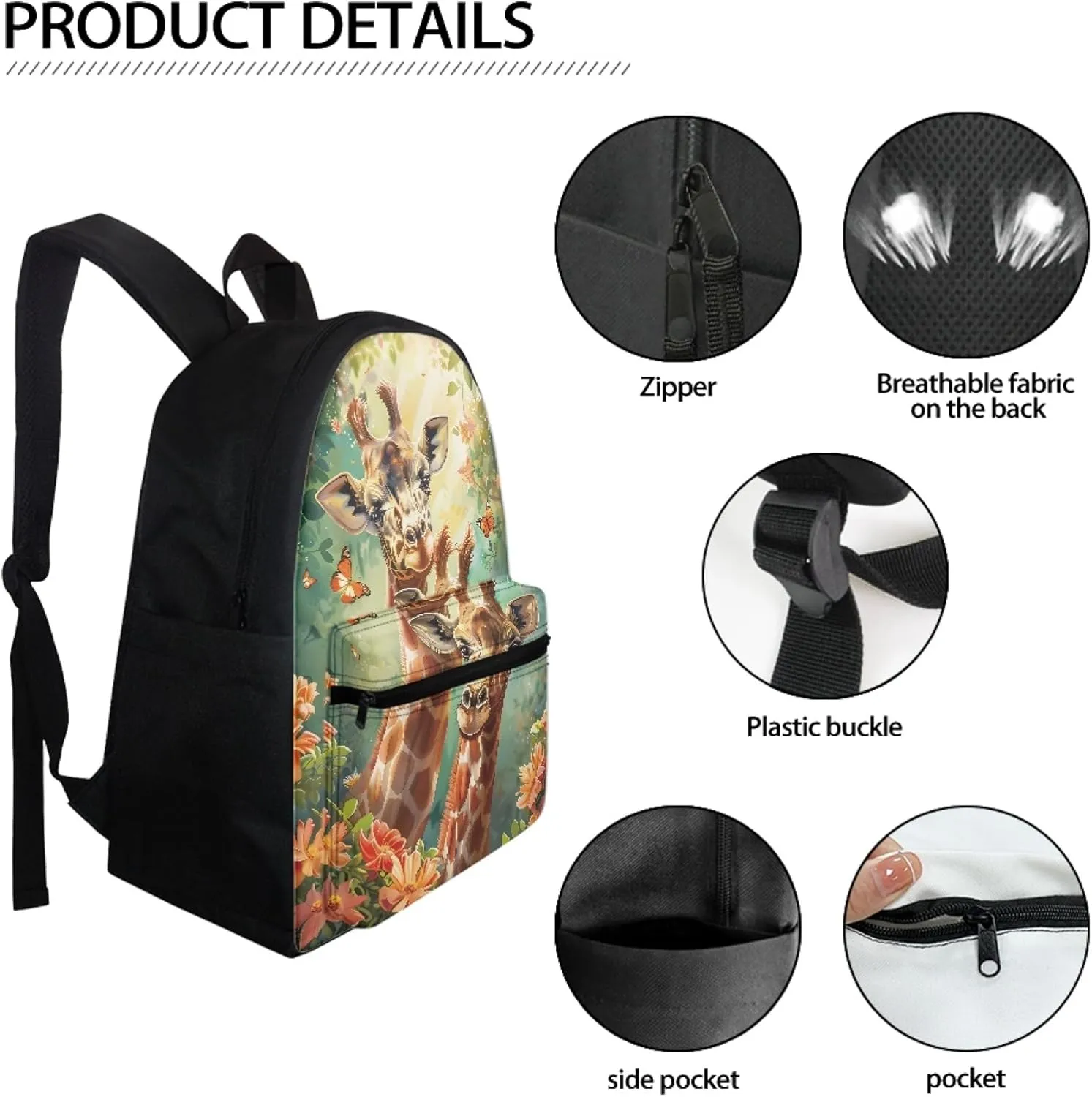BIGCARJOB Animal Giraffe School Backpack for Girls Boys School Bags Animal Cute Pocket Cat Print School Bookbags 16 Inch Kids Children Schoolbags Large Travel Rucksack for Preschool