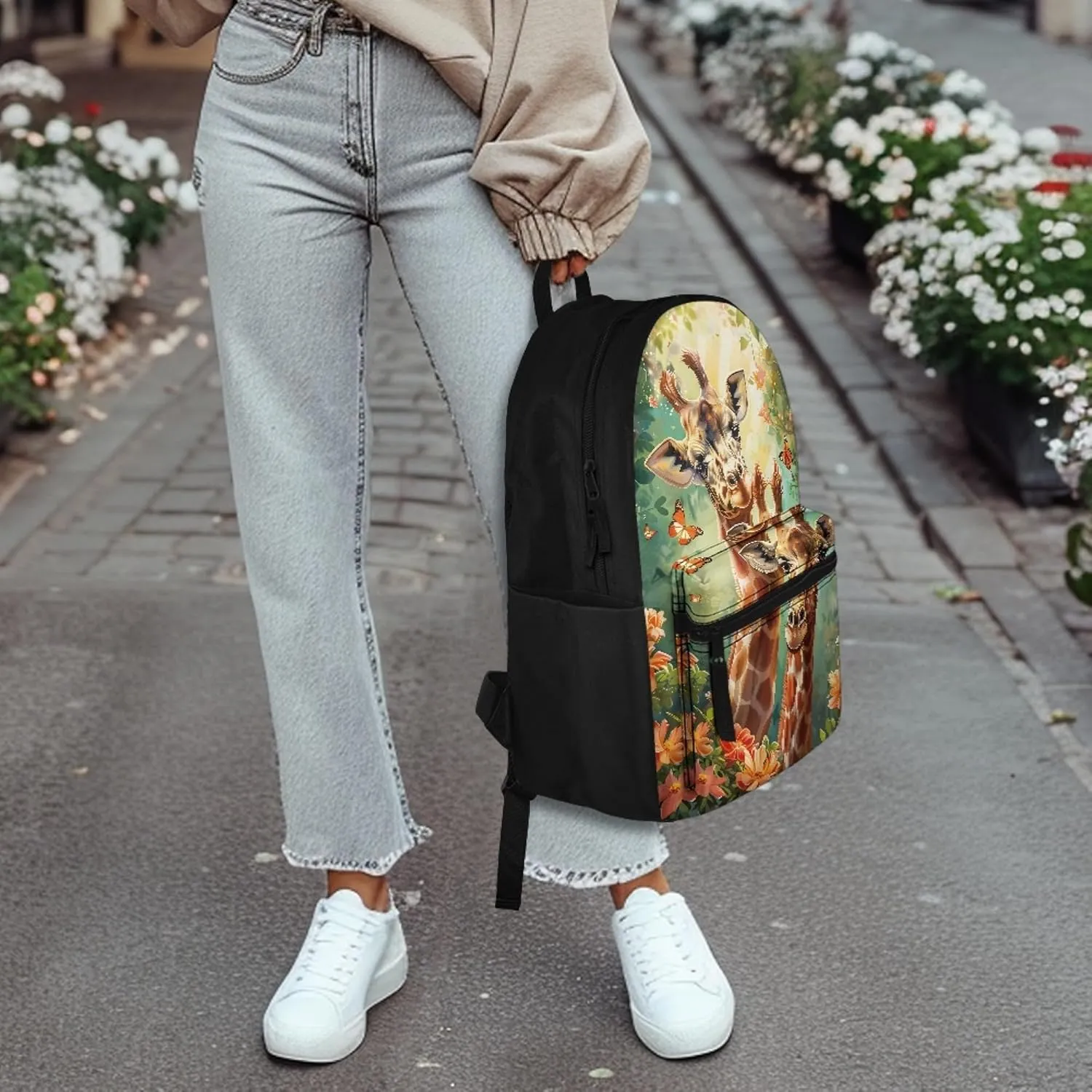 BIGCARJOB Animal Giraffe School Backpack for Girls Boys School Bags Animal Cute Pocket Cat Print School Bookbags 16 Inch Kids Children Schoolbags Large Travel Rucksack for Preschool