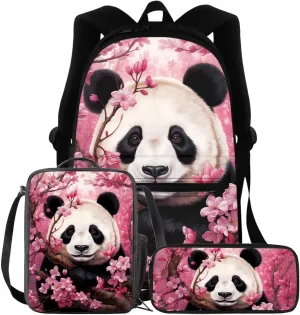 BIGCARJOB Animal Panda Backpack for Girls Preschool 10-12 Year,Cute Pink Panda Bookbags Schoolbags Children Bagpack ith Insulated Lunchbags Pencil Case Set 3 Pcs Kids School Bags Set Casual Daypack