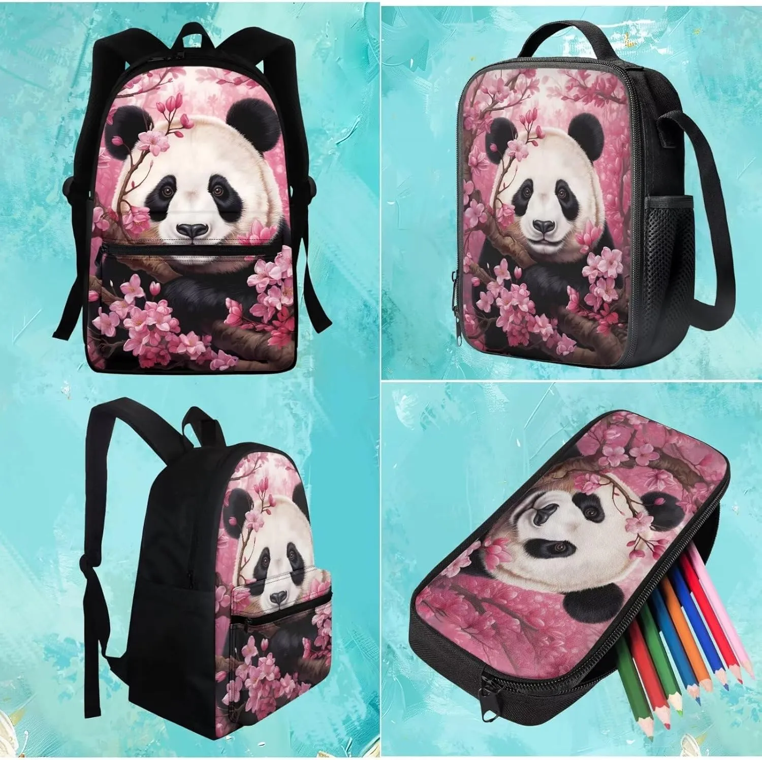 BIGCARJOB Animal Panda Backpack for Girls Preschool 10-12 Year,Cute Pink Panda Bookbags Schoolbags Children Bagpack ith Insulated Lunchbags Pencil Case Set 3 Pcs Kids School Bags Set Casual Daypack