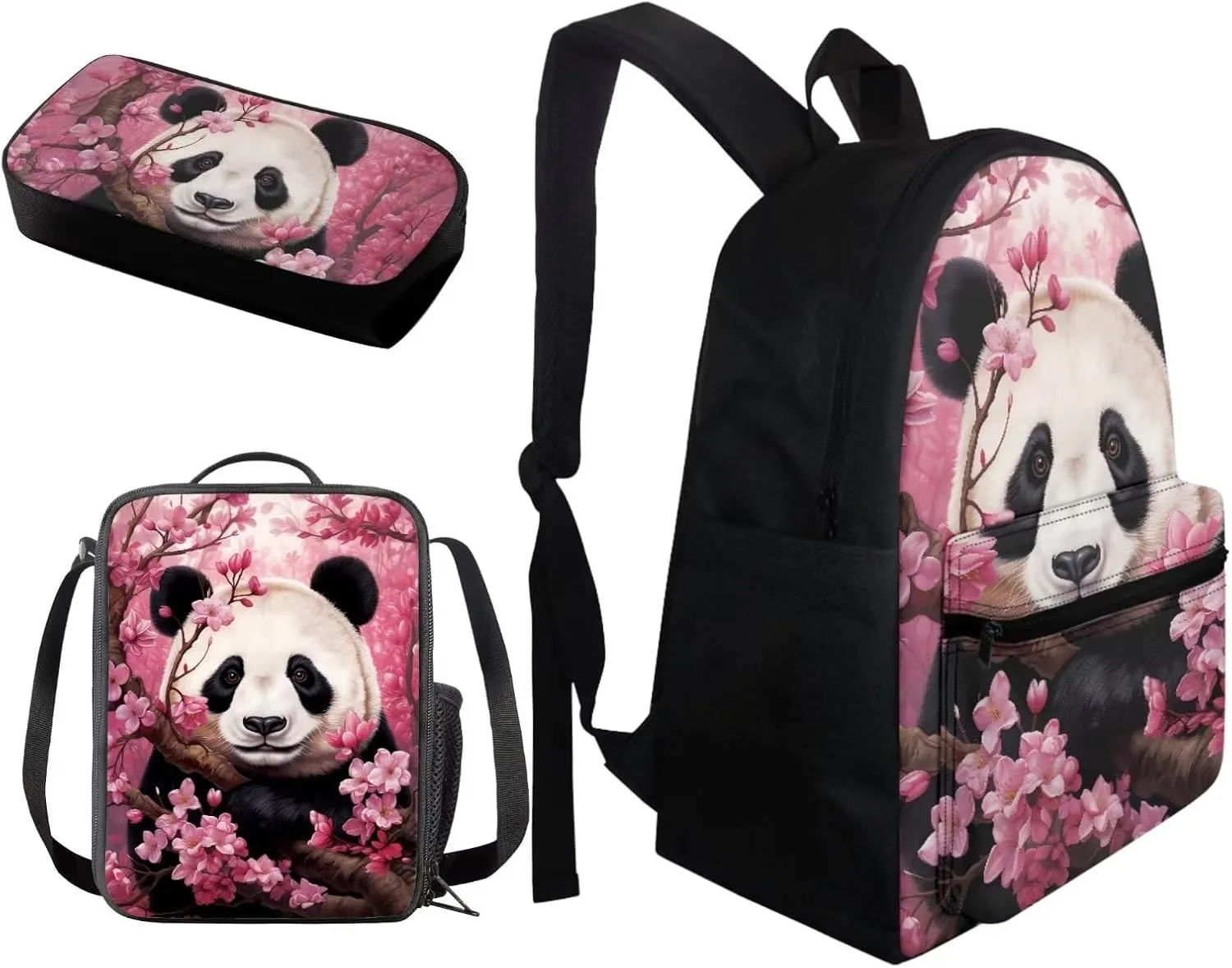 BIGCARJOB Animal Panda Backpack for Girls Preschool 10-12 Year,Cute Pink Panda Bookbags Schoolbags Children Bagpack ith Insulated Lunchbags Pencil Case Set 3 Pcs Kids School Bags Set Casual Daypack