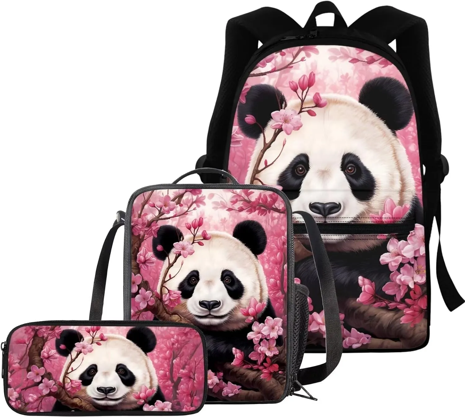 BIGCARJOB Animal Panda Backpack for Girls Preschool 10-12 Year,Cute Pink Panda Bookbags Schoolbags Children Bagpack ith Insulated Lunchbags Pencil Case Set 3 Pcs Kids School Bags Set Casual Daypack