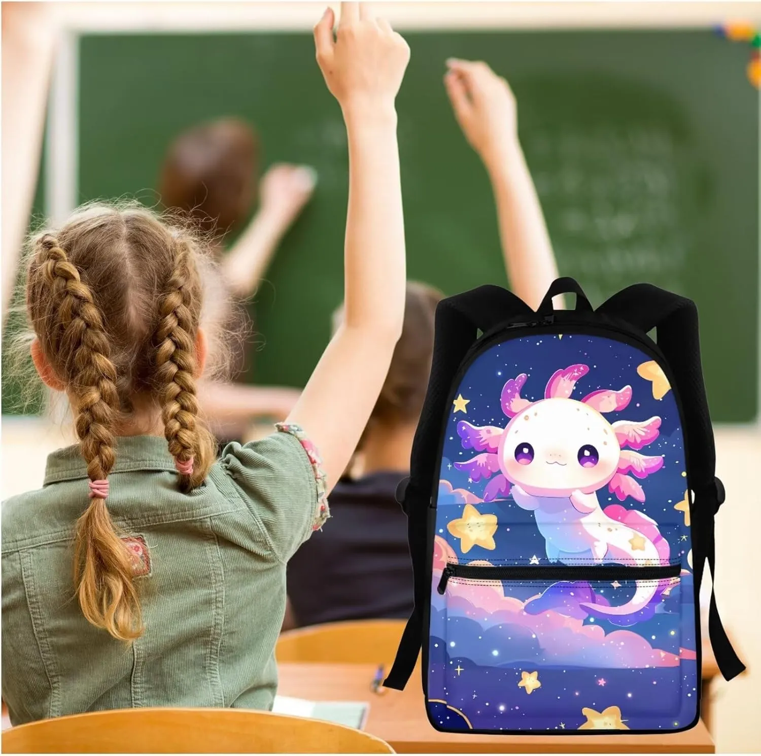 BIGCARJOB Cute Axolotl Backpack for Girls 8-10,Pink Axolotl Star Print School Bookbags Little Girls Back to School Daypack Children Kids Kawai School Backpack with Lunchbags Pencil Holder