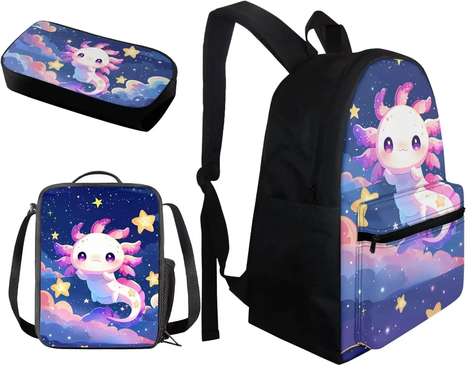 BIGCARJOB Cute Axolotl Backpack for Girls 8-10,Pink Axolotl Star Print School Bookbags Little Girls Back to School Daypack Children Kids Kawai School Backpack with Lunchbags Pencil Holder