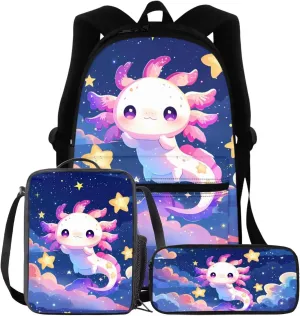 BIGCARJOB Cute Axolotl Backpack for Girls 8-10,Pink Axolotl Star Print School Bookbags Little Girls Back to School Daypack Children Kids Kawai School Backpack with Lunchbags Pencil Holder