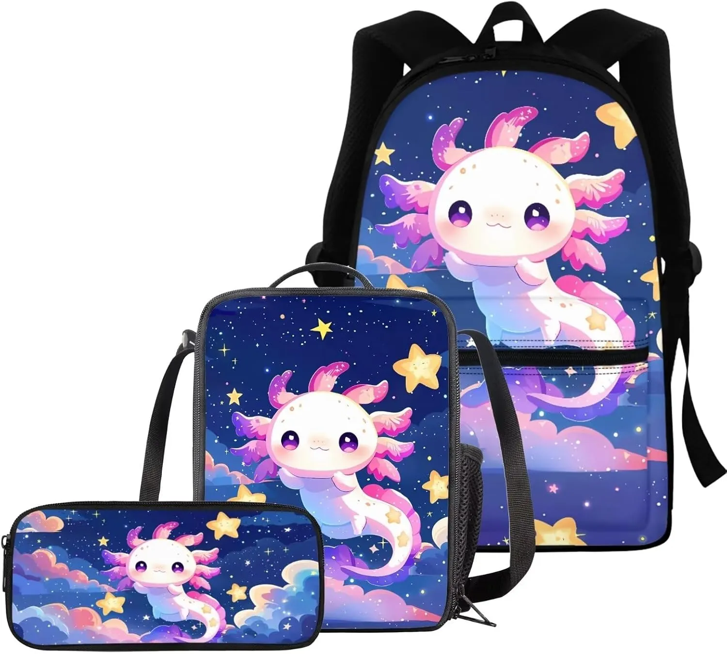 BIGCARJOB Cute Axolotl Backpack for Girls 8-10,Pink Axolotl Star Print School Bookbags Little Girls Back to School Daypack Children Kids Kawai School Backpack with Lunchbags Pencil Holder