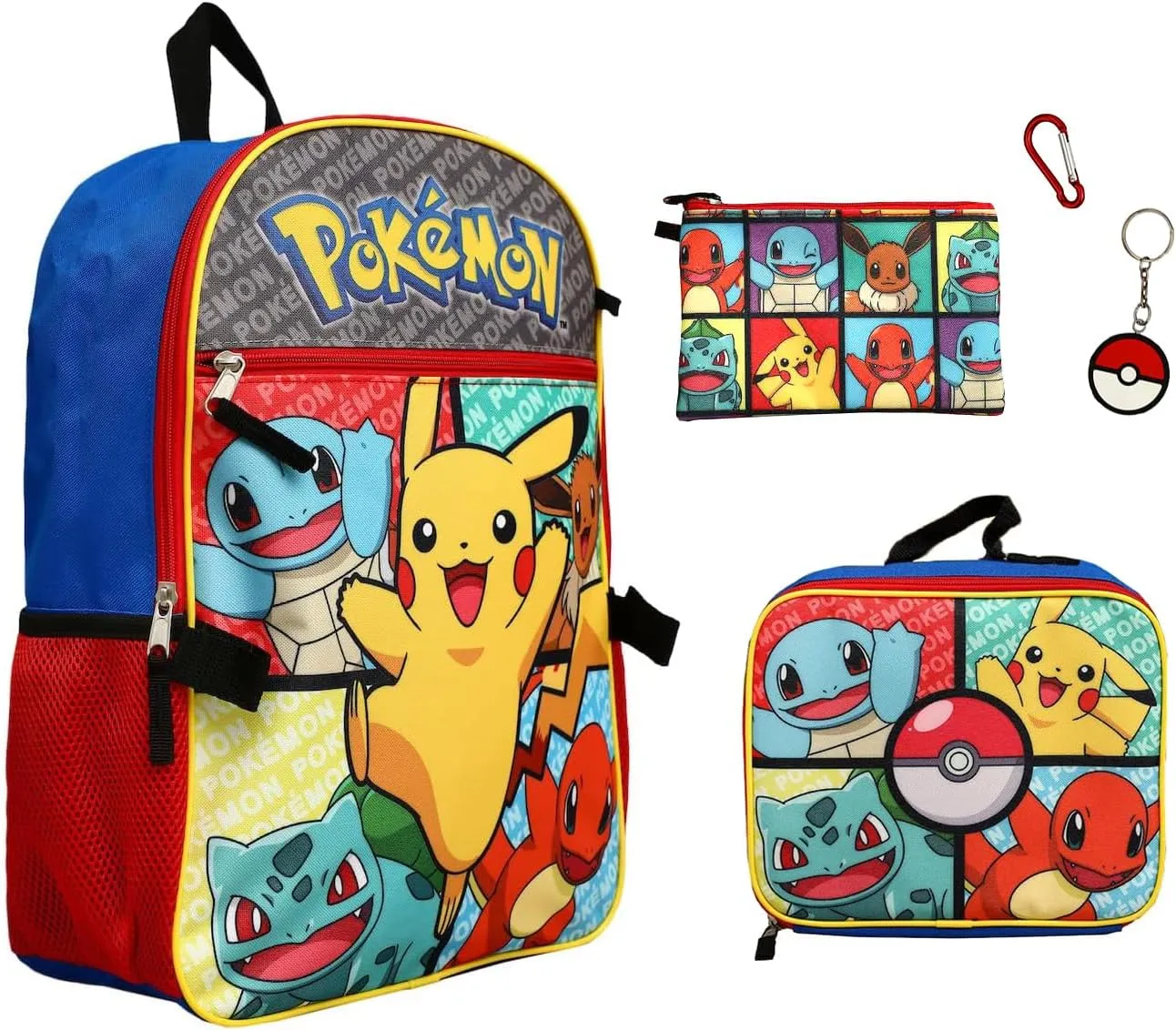 Bioworld Pokemon 5 Piece Backpack Set Supply Case Key Chain Pendant Kids School Travel Backpack Set
