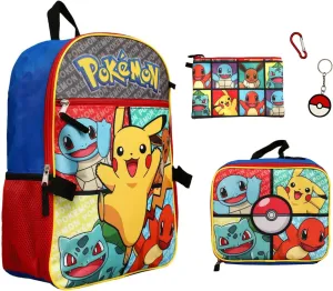 Bioworld Pokemon 5 Piece Backpack Set Supply Case Key Chain Pendant Kids School Travel Backpack Set