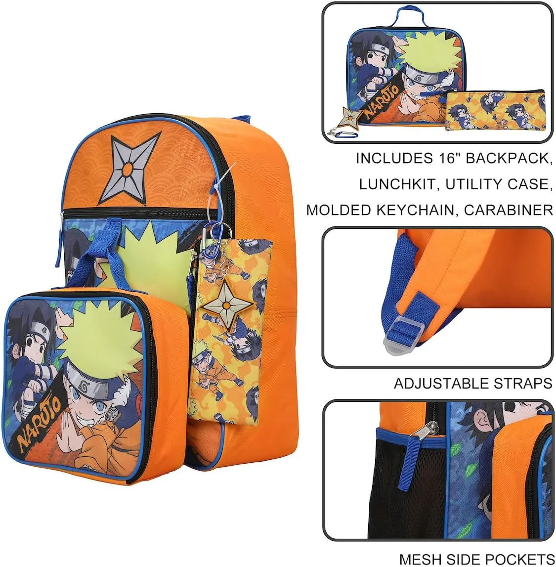 BIOWORLD Sasuka & Naruto 5-Piece Backpack Set (Little Big Kid), Blue, One Size