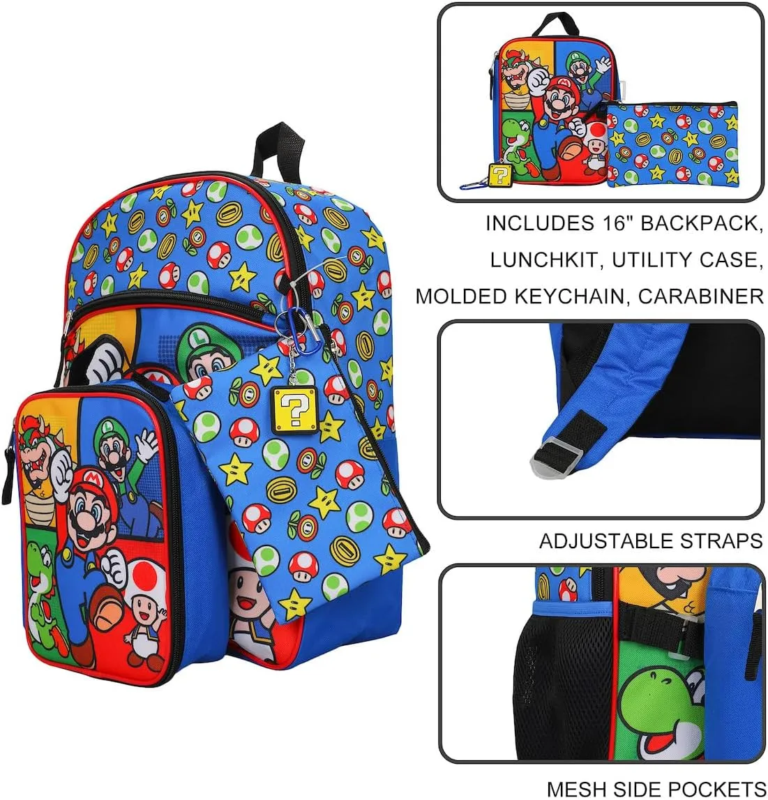 BIOWORLD Super Mario Bros Power-Ups 5-Piece Backpack Set (Little Big Kid), Red, One Size