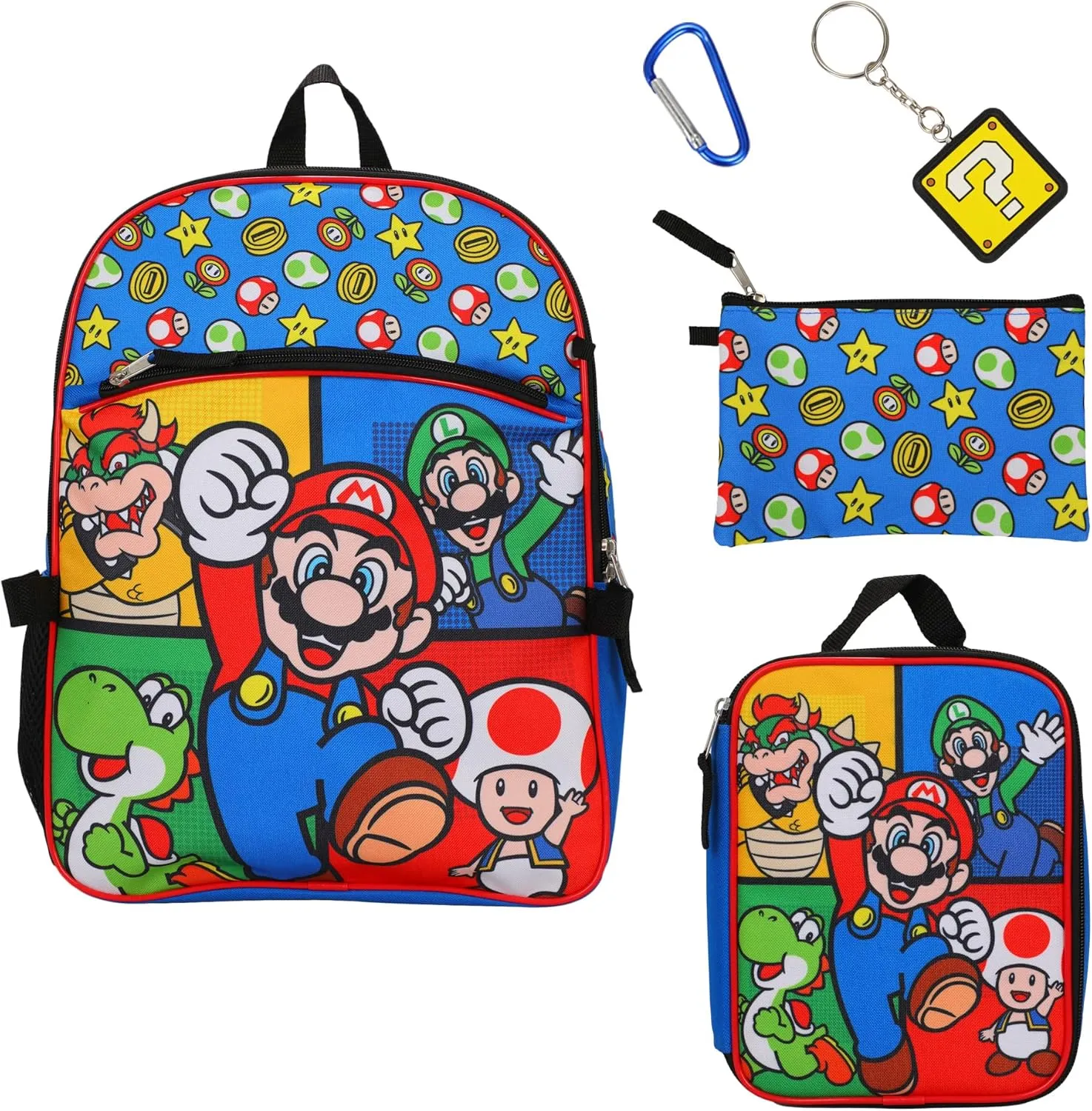 BIOWORLD Super Mario Bros Power-Ups 5-Piece Backpack Set (Little Big Kid), Red, One Size