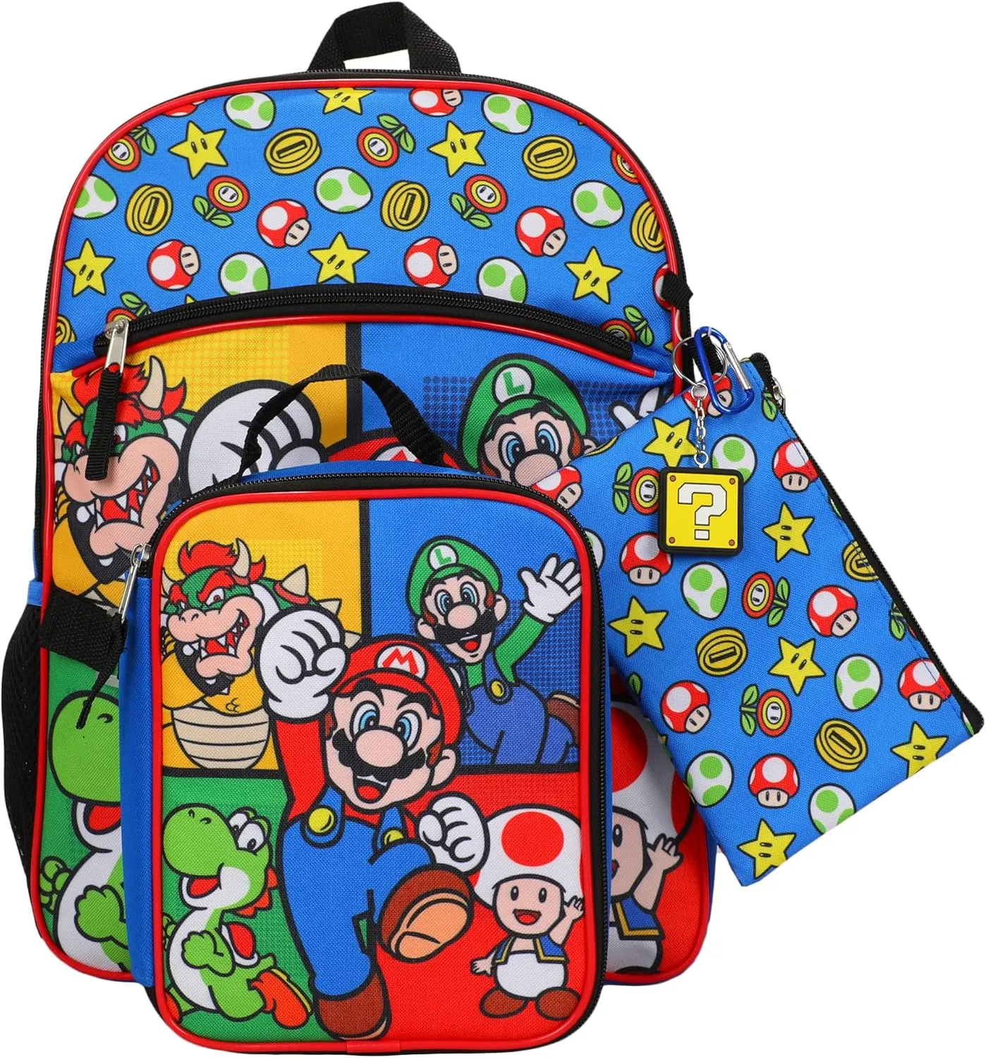BIOWORLD Super Mario Bros Power-Ups 5-Piece Backpack Set (Little Big Kid), Red, One Size