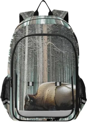 Bison Snow Forest Backpack for Women Men Travel Laptop Daypack Shoulder Bag Book Bag Daypack with Reflective Strip 12.9” × 17.7”