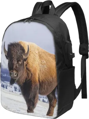Bison Yellowstone National Park Backpack, 17 Inch Travel Business Laptop Backpack With USB Port for Women Men