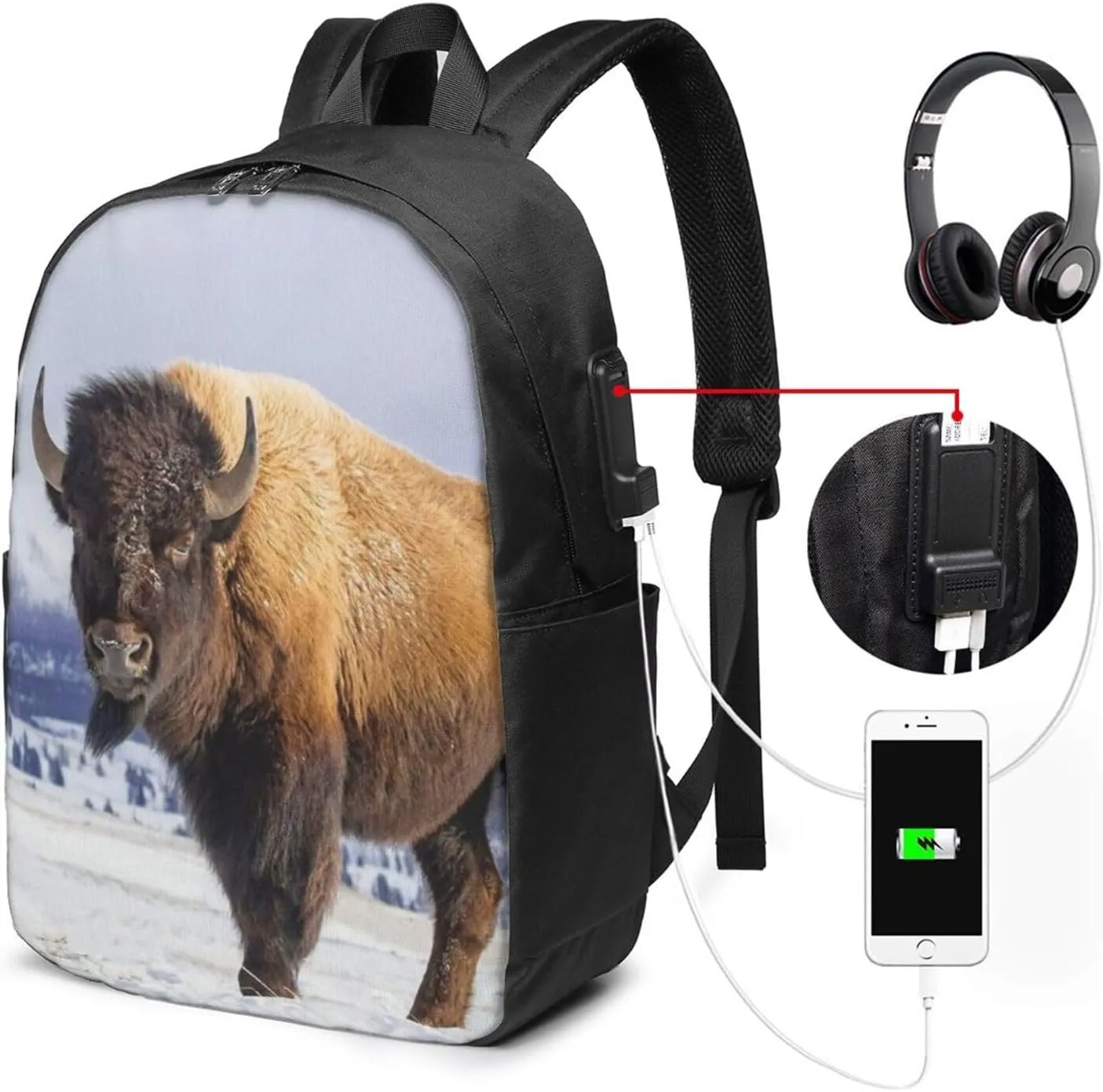 Bison Yellowstone National Park Backpack, 17 Inch Travel Business Laptop Backpack With USB Port for Women Men