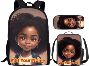 Black African Girls Backpack with Lunch Box for 10-12/12-14/6-8,Afro American Custom Name School Bag for Kids 2Nd/3Rd/4Th/5Th Grade Student Bookbag Lunch Bag Pencil Case