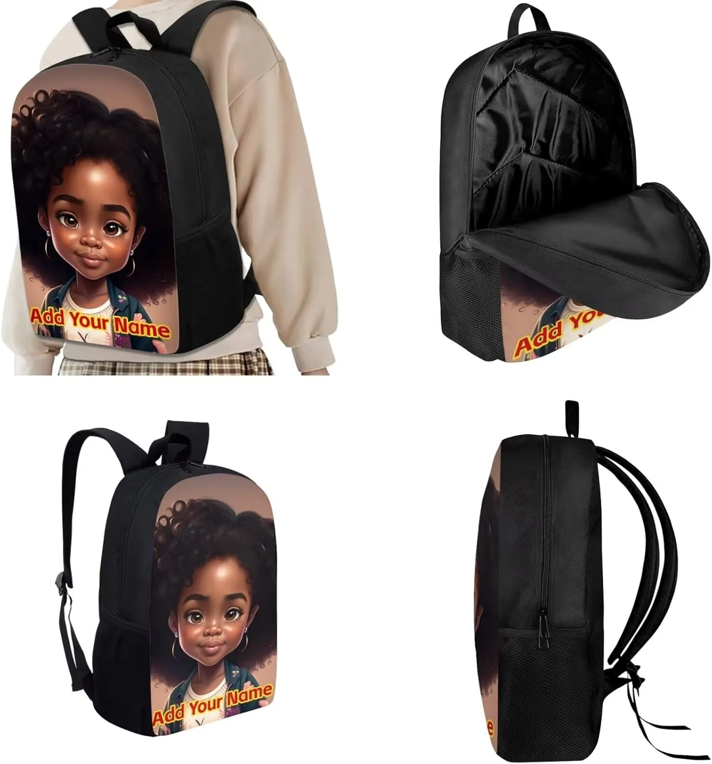Black African Girls Backpack with Lunch Box for 10-12/12-14/6-8,Afro American Custom Name School Bag for Kids 2Nd/3Rd/4Th/5Th Grade Student Bookbag Lunch Bag Pencil Case