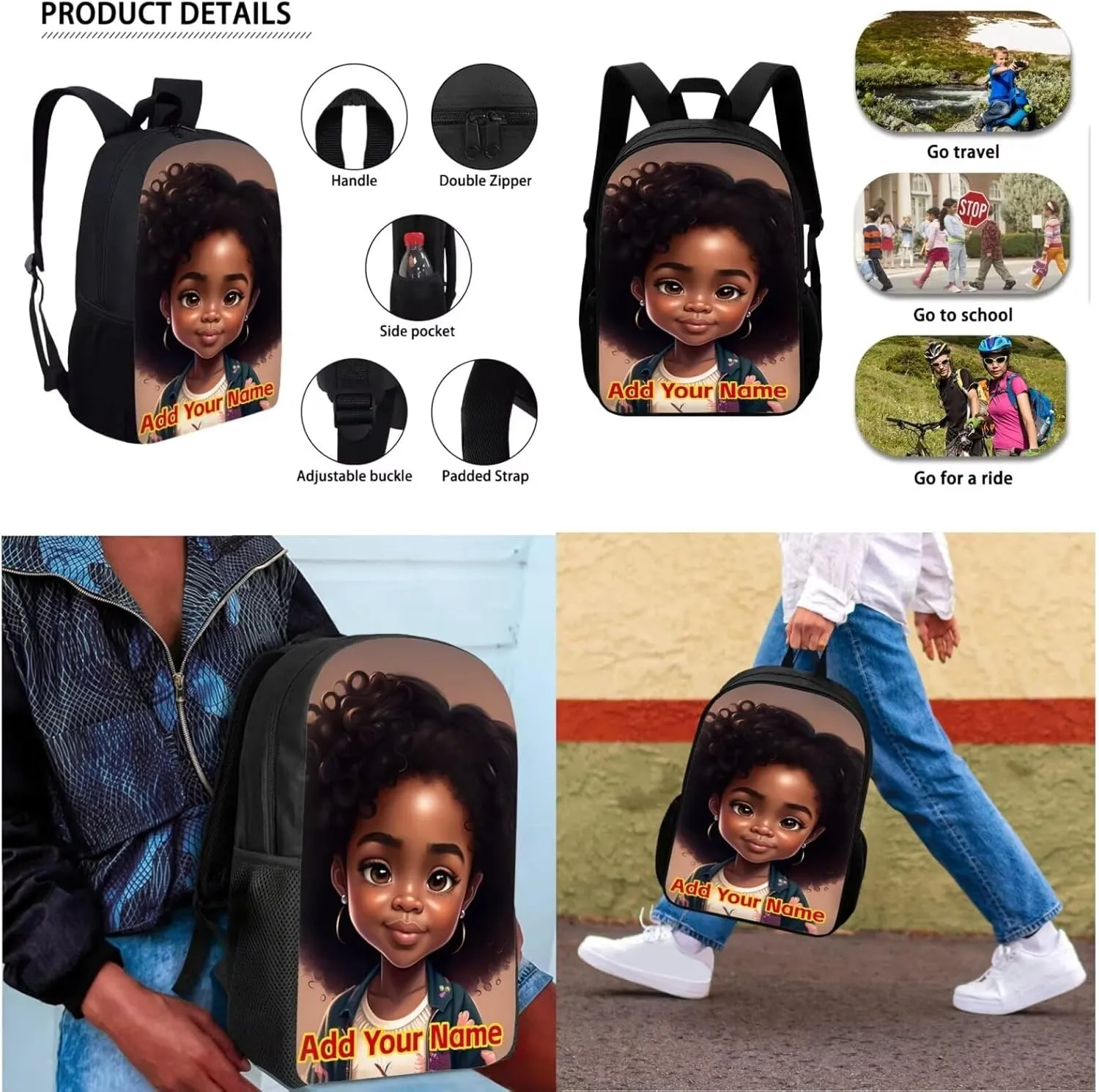 Black African Girls Backpack with Lunch Box for 10-12/12-14/6-8,Afro American Custom Name School Bag for Kids 2Nd/3Rd/4Th/5Th Grade Student Bookbag Lunch Bag Pencil Case