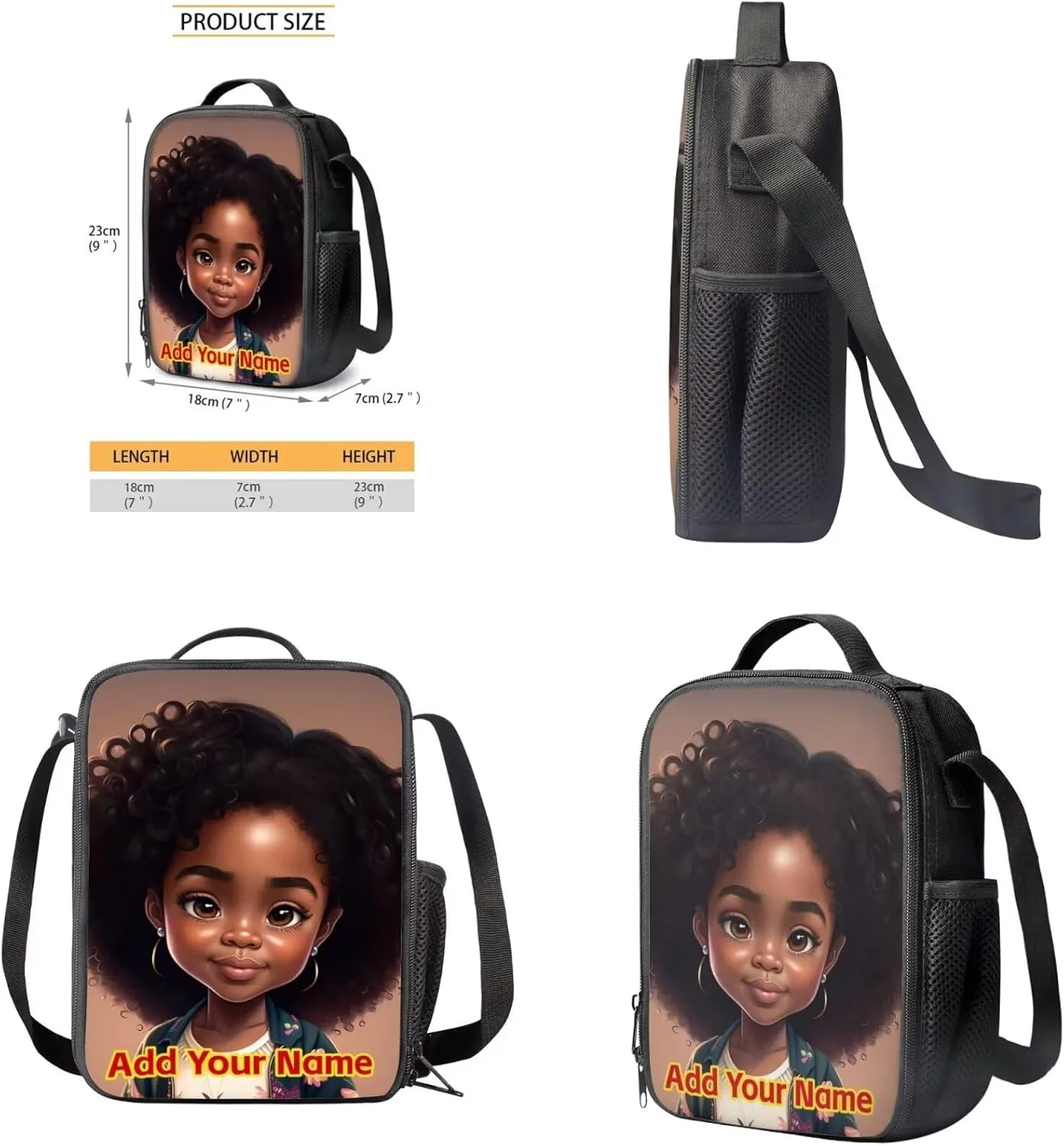 Black African Girls Backpack with Lunch Box for 10-12/12-14/6-8,Afro American Custom Name School Bag for Kids 2Nd/3Rd/4Th/5Th Grade Student Bookbag Lunch Bag Pencil Case