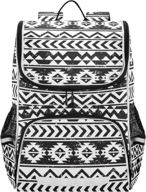 Black Aztec Backpack Large Capacity Printed Student Book Bag for Kids Teenagers, Navajo Tribe Print Backpack School Bag for Boys with Night Reflective Strip Safety
