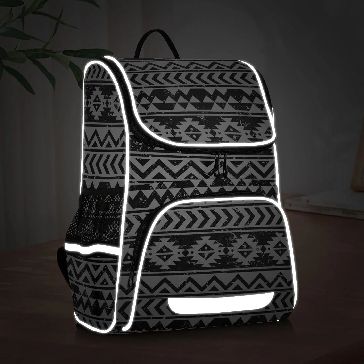 Black Aztec Backpack Large Capacity Printed Student Book Bag for Kids Teenagers, Navajo Tribe Print Backpack School Bag for Boys with Night Reflective Strip Safety
