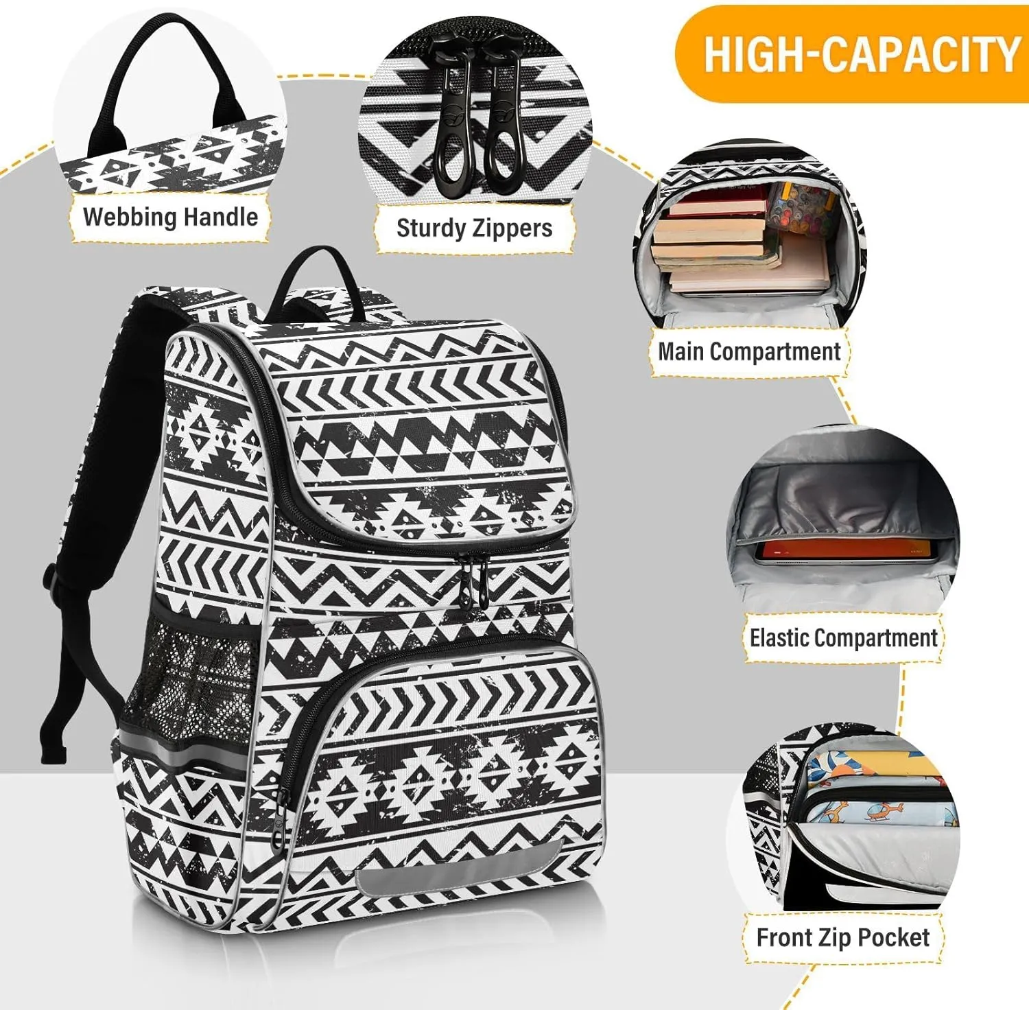 Black Aztec Backpack Large Capacity Printed Student Book Bag for Kids Teenagers, Navajo Tribe Print Backpack School Bag for Boys with Night Reflective Strip Safety