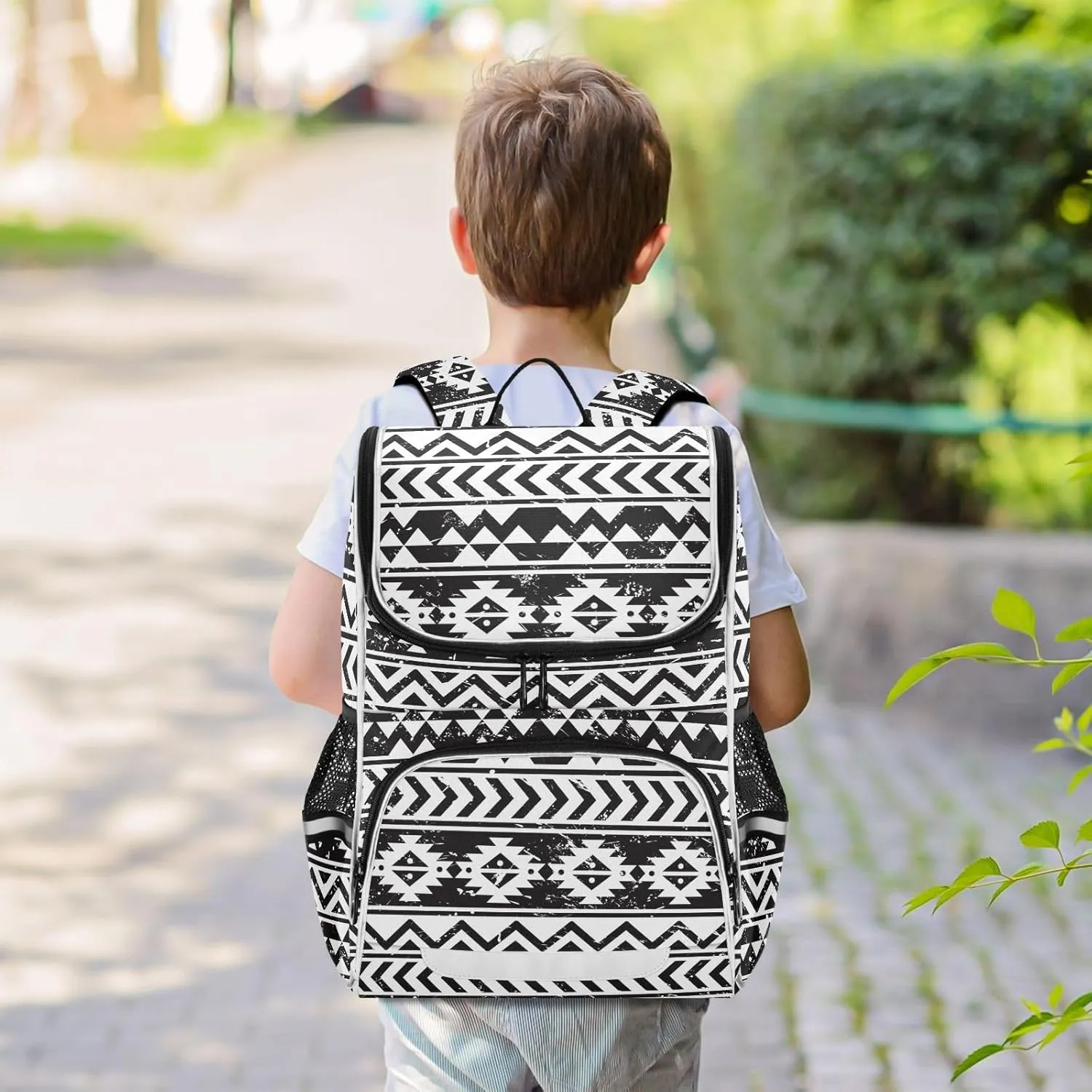 Black Aztec Backpack Large Capacity Printed Student Book Bag for Kids Teenagers, Navajo Tribe Print Backpack School Bag for Boys with Night Reflective Strip Safety