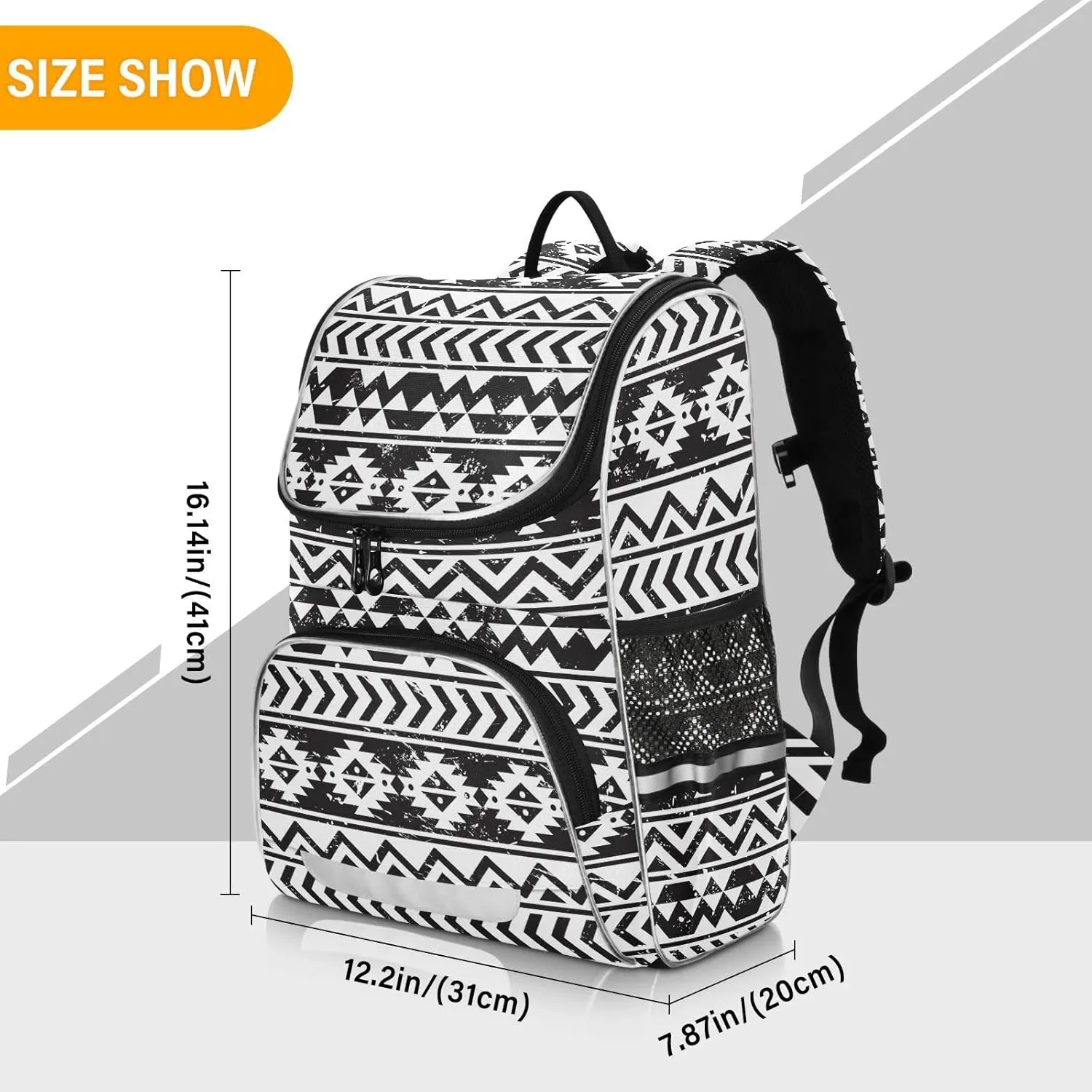 Black Aztec Backpack Large Capacity Printed Student Book Bag for Kids Teenagers, Navajo Tribe Print Backpack School Bag for Boys with Night Reflective Strip Safety