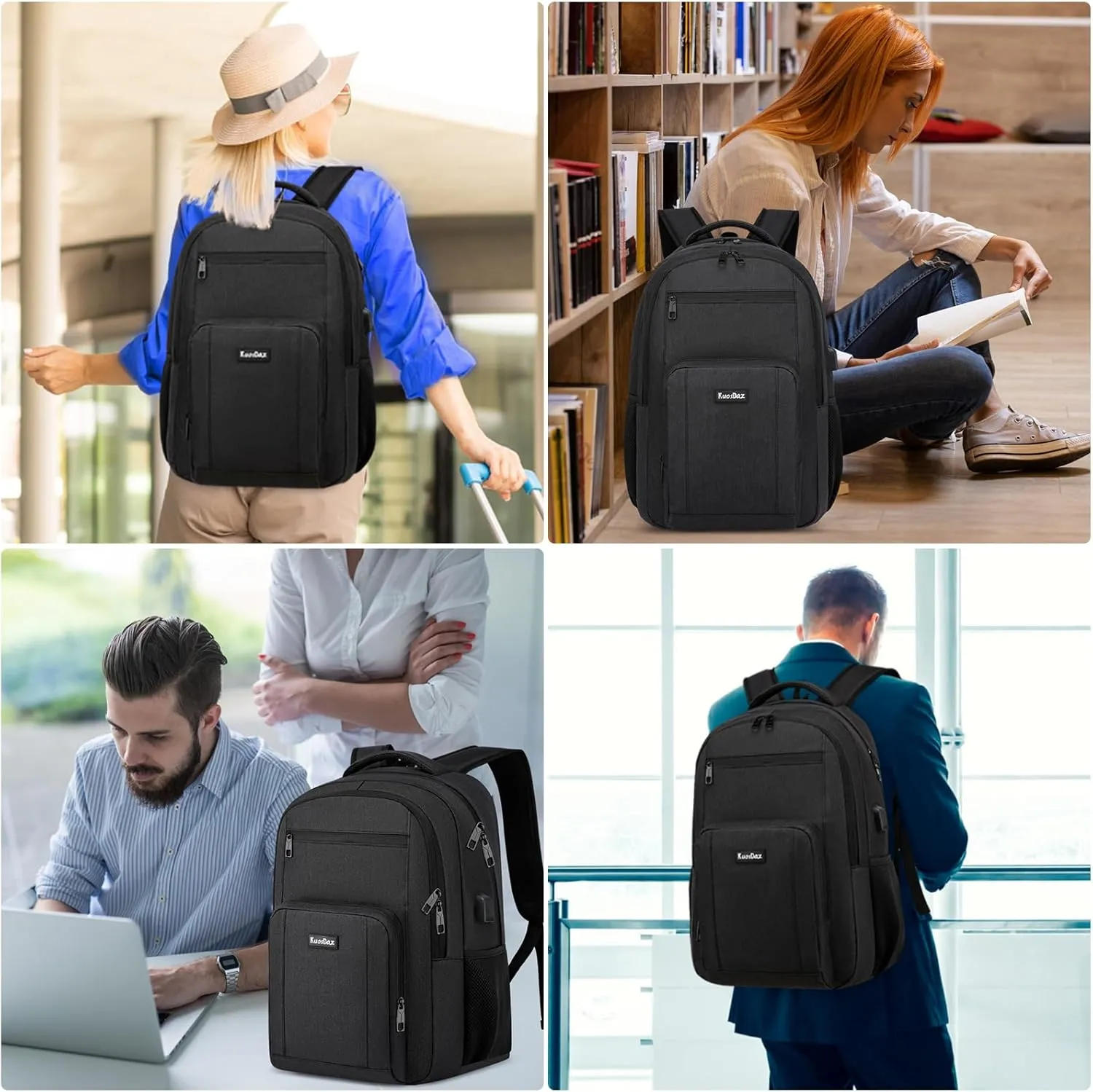 Black Backpack for Men and Women, School Backpacks for Teen Boys Girls, Large Bookbag with USB Charger Port, Water Resistant College Backpack Fit 15.6 Inch Laptop
