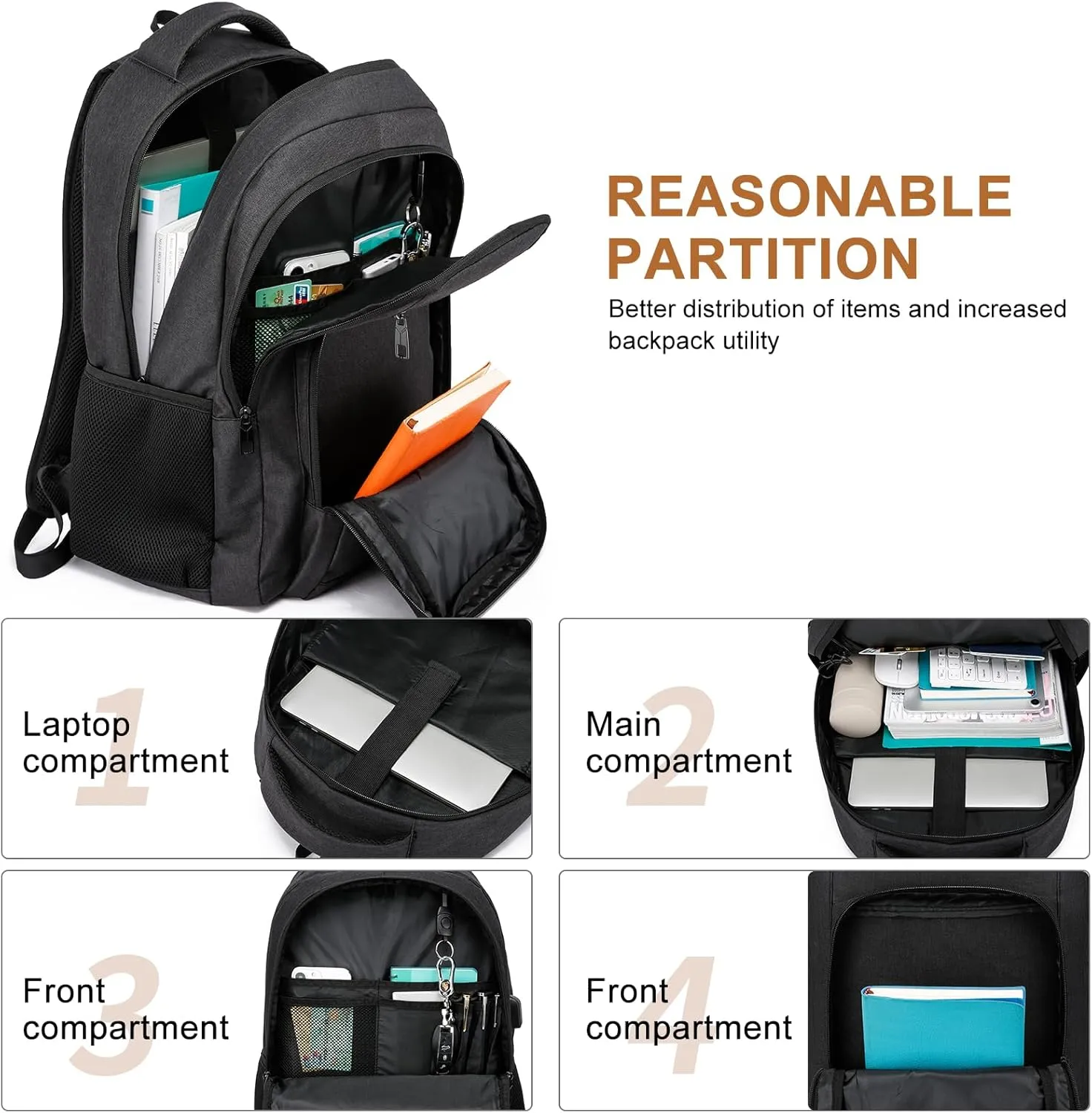 Black Backpack for Men and Women, School Backpacks for Teen Boys Girls, Large Bookbag with USB Charger Port, Water Resistant College Backpack Fit 15.6 Inch Laptop