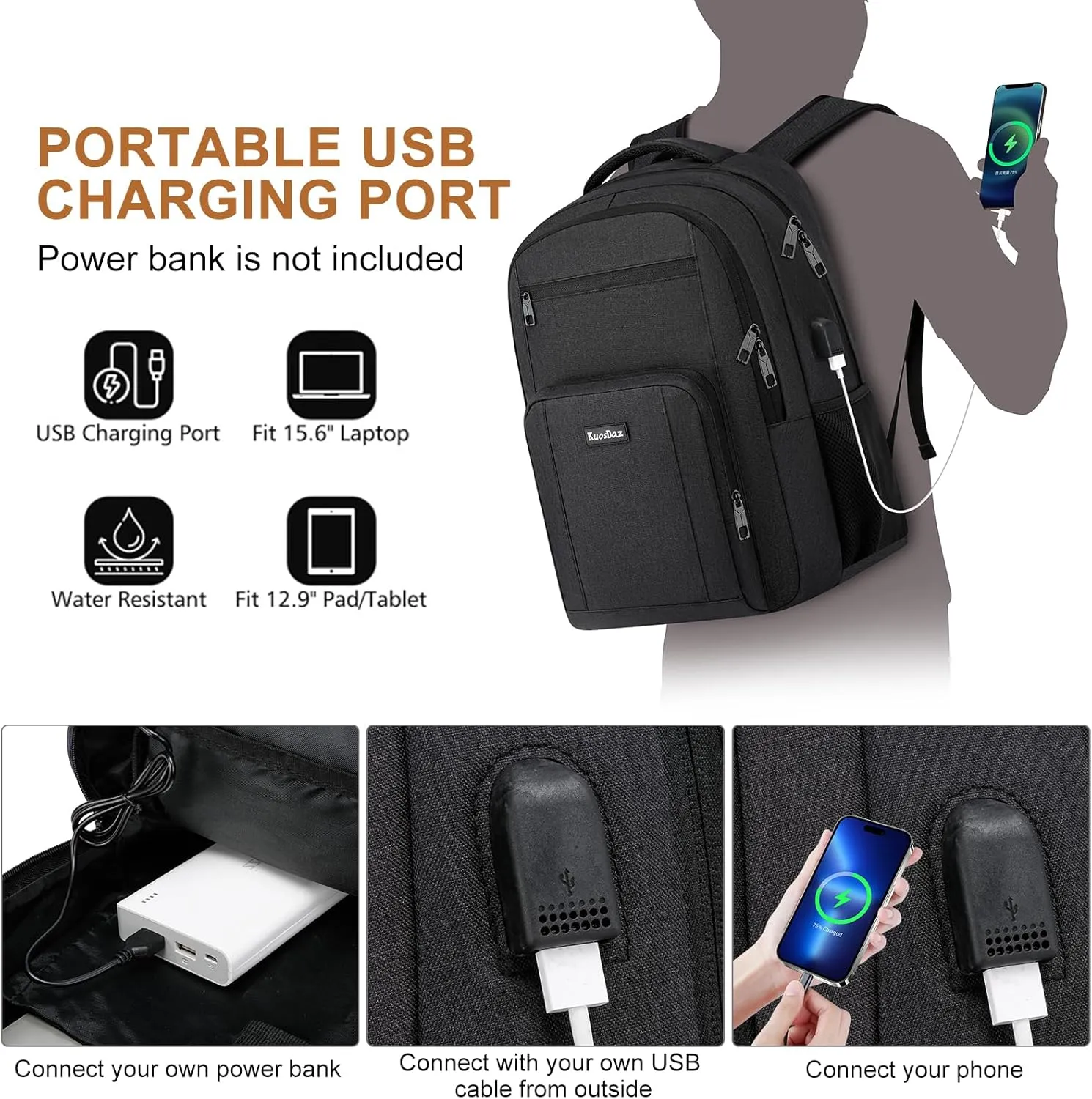 Black Backpack for Men and Women, School Backpacks for Teen Boys Girls, Large Bookbag with USB Charger Port, Water Resistant College Backpack Fit 15.6 Inch Laptop