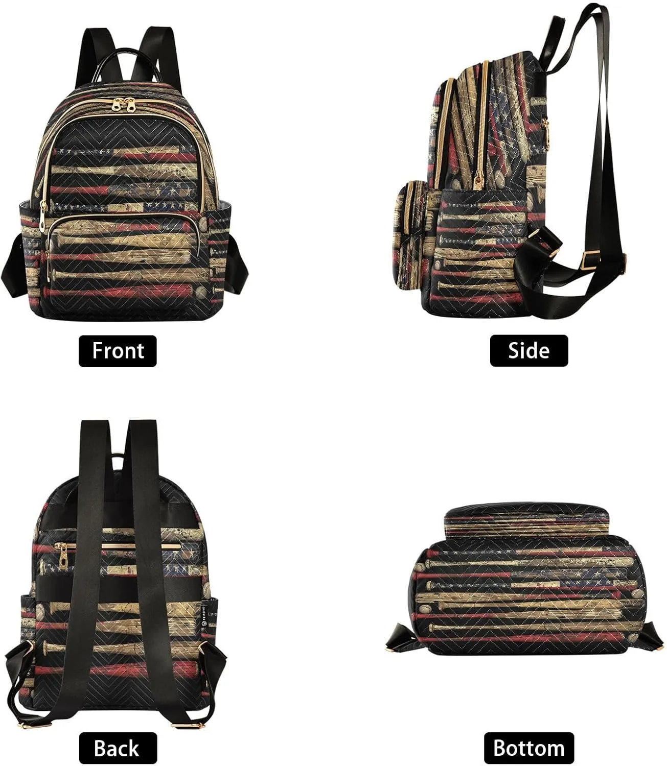 Black Baseball Bats American Flag Women Mini Backpack Purse Ladies Fashion Backpacks Casual Shoulder Bag Daypack for School Work Travel Medium