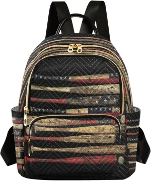 Black Baseball Bats American Flag Women Mini Backpack Purse Ladies Fashion Backpacks Casual Shoulder Bag Daypack for School Work Travel Medium