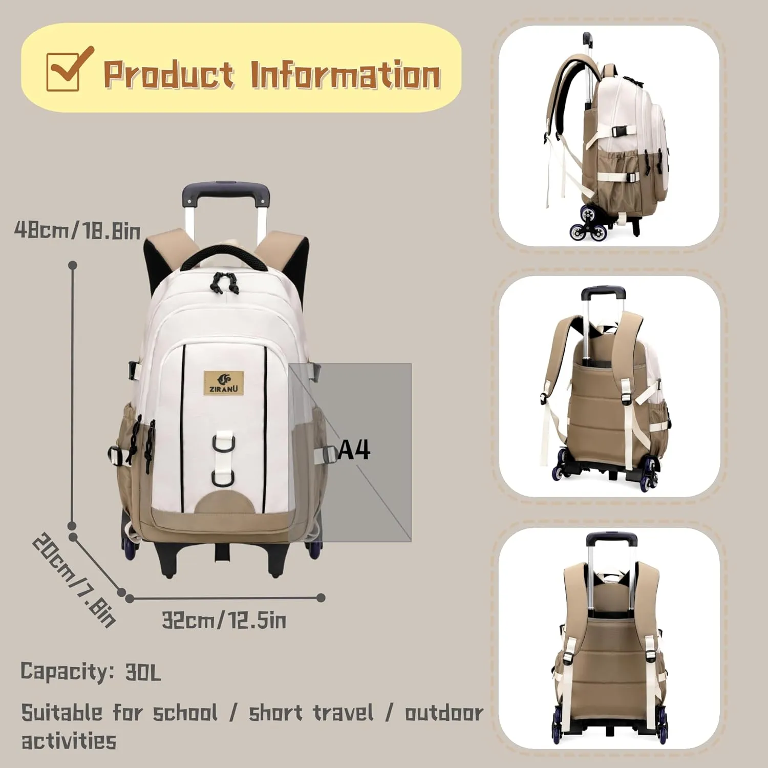 Black Boys Backpack with 6 Wheels, Rolling Kids Backpack for School Boys, Black