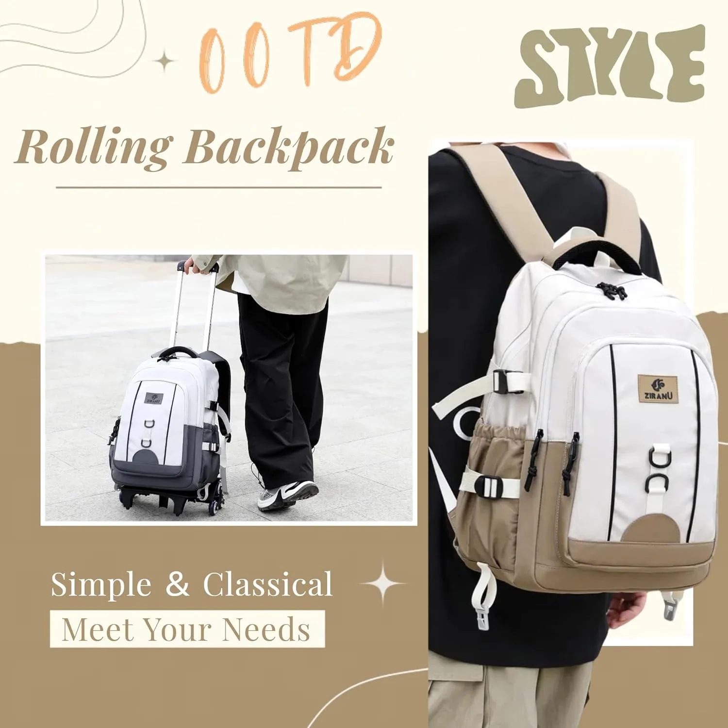 Black Boys Backpack with 6 Wheels, Rolling Kids Backpack for School Boys, Black