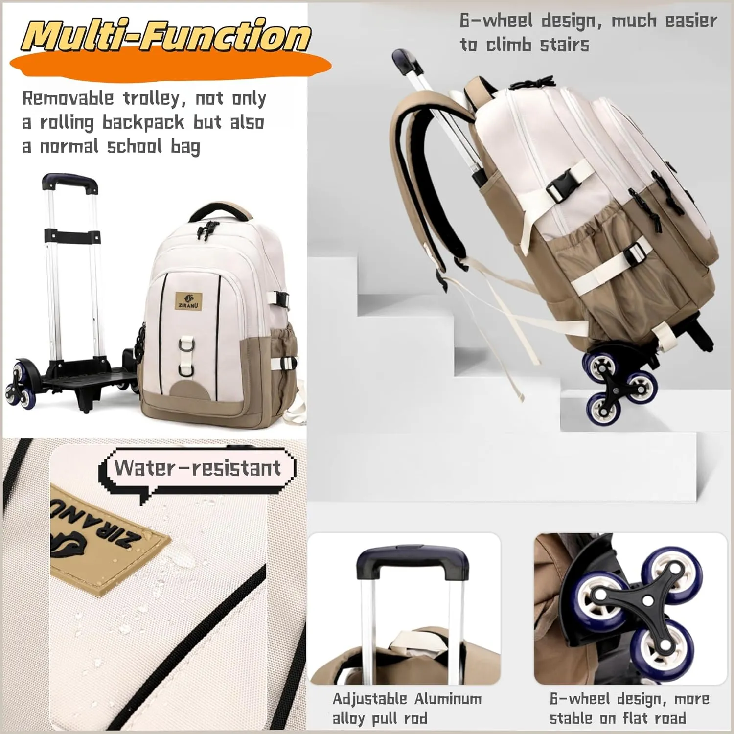 Black Boys Backpack with 6 Wheels, Rolling Kids Backpack for School Boys, Black