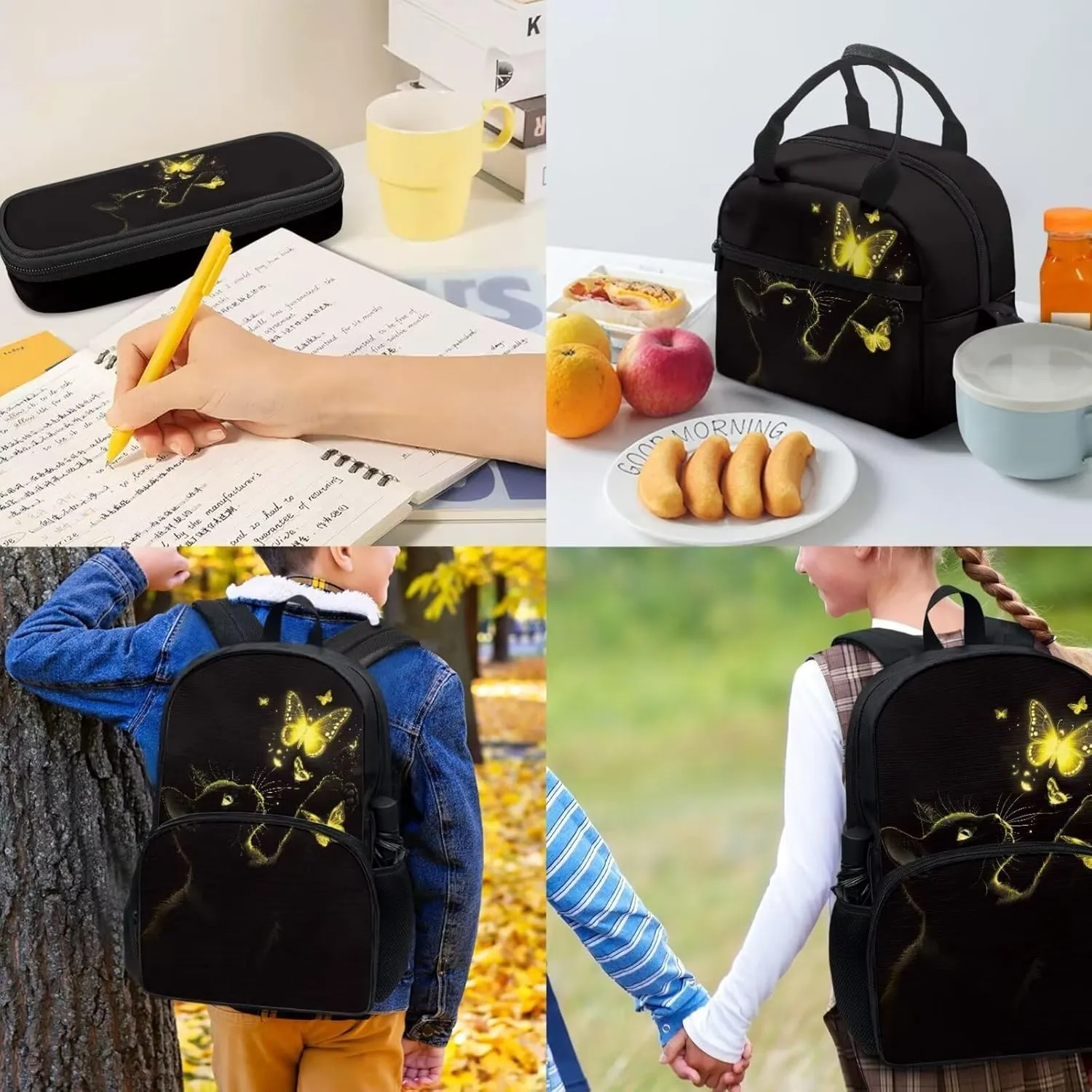 Black Cat Yellow Bling Butterfly Student Backpack Set 4 In 1 School Bag Laptop Backpacks Lunch Bag Pencil Holder Pouch Bag Daypack for Preschool Kindergarten Elementary Middle School