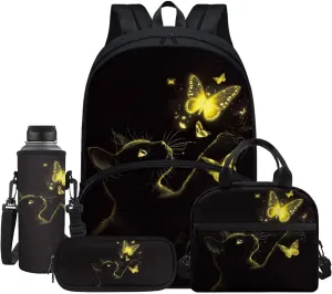Black Cat Yellow Bling Butterfly Student Backpack Set 4 In 1 School Bag Laptop Backpacks Lunch Bag Pencil Holder Pouch Bag Daypack for Preschool Kindergarten Elementary Middle School
