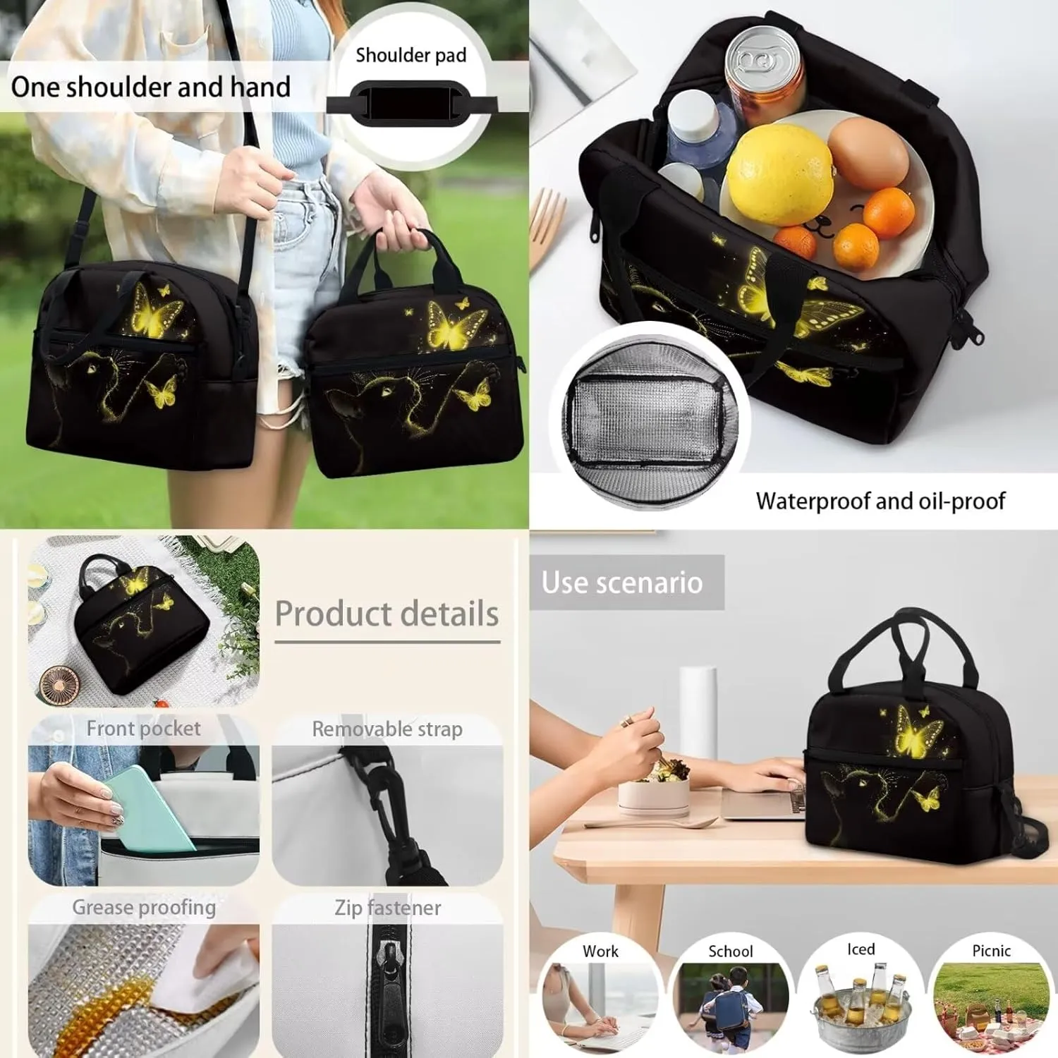 Black Cat Yellow Bling Butterfly Student Backpack Set 4 In 1 School Bag Laptop Backpacks Lunch Bag Pencil Holder Pouch Bag Daypack for Preschool Kindergarten Elementary Middle School