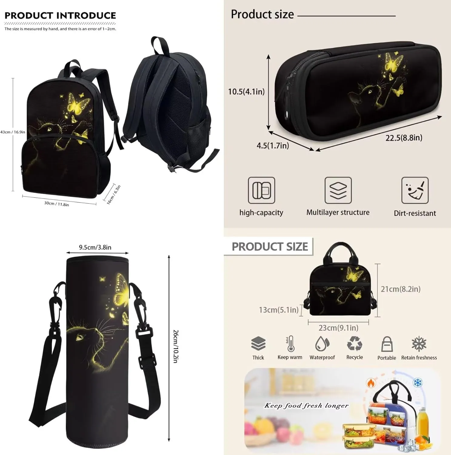 Black Cat Yellow Bling Butterfly Student Backpack Set 4 In 1 School Bag Laptop Backpacks Lunch Bag Pencil Holder Pouch Bag Daypack for Preschool Kindergarten Elementary Middle School