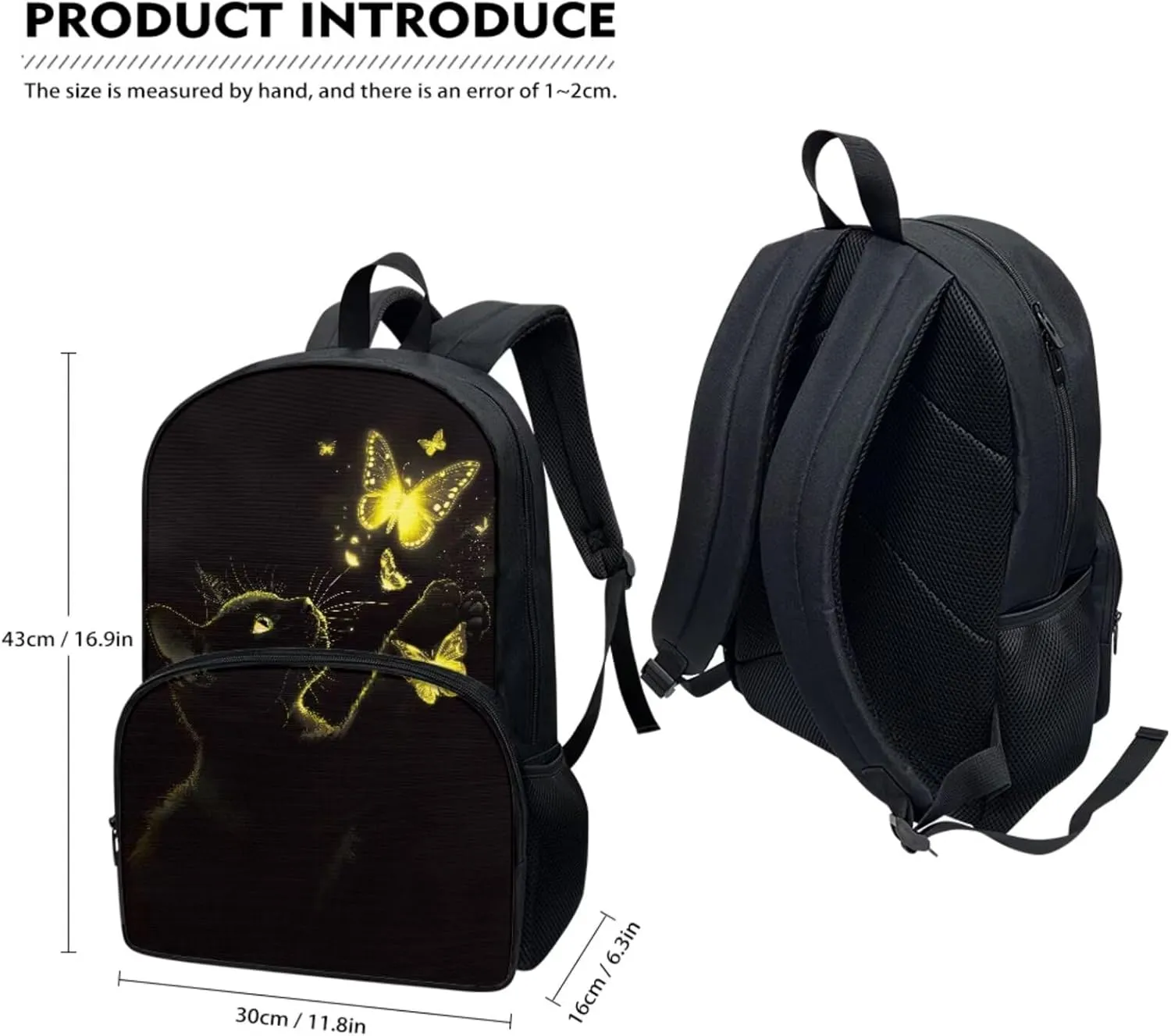 Black Cat Yellow Bling Butterfly Student Backpack Set 4 In 1 School Bag Laptop Backpacks Lunch Bag Pencil Holder Pouch Bag Daypack for Preschool Kindergarten Elementary Middle School