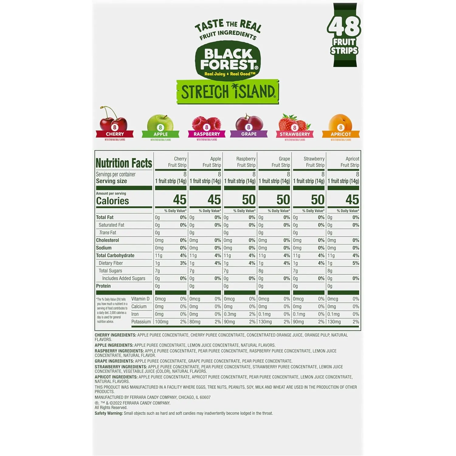 Black Forest, Stretch Island, Fruit Strips, Cherry, Apple, Raspberry, Grape, Strawberry, and Apricot, Zero Grams Added Sugar Non-GMO, 48 ct