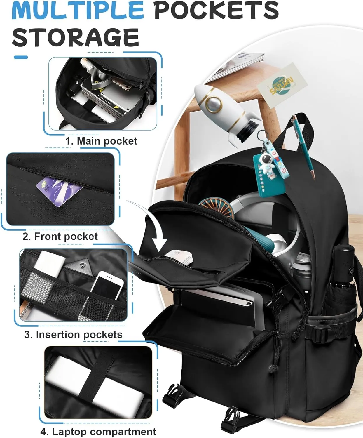 Black Large School Backpack Large Middle High School Book Bag for Boys Girls Elementary School Bag Back to School Bag for Teens Mochila Escolar para Niños Adolescentes Gifts