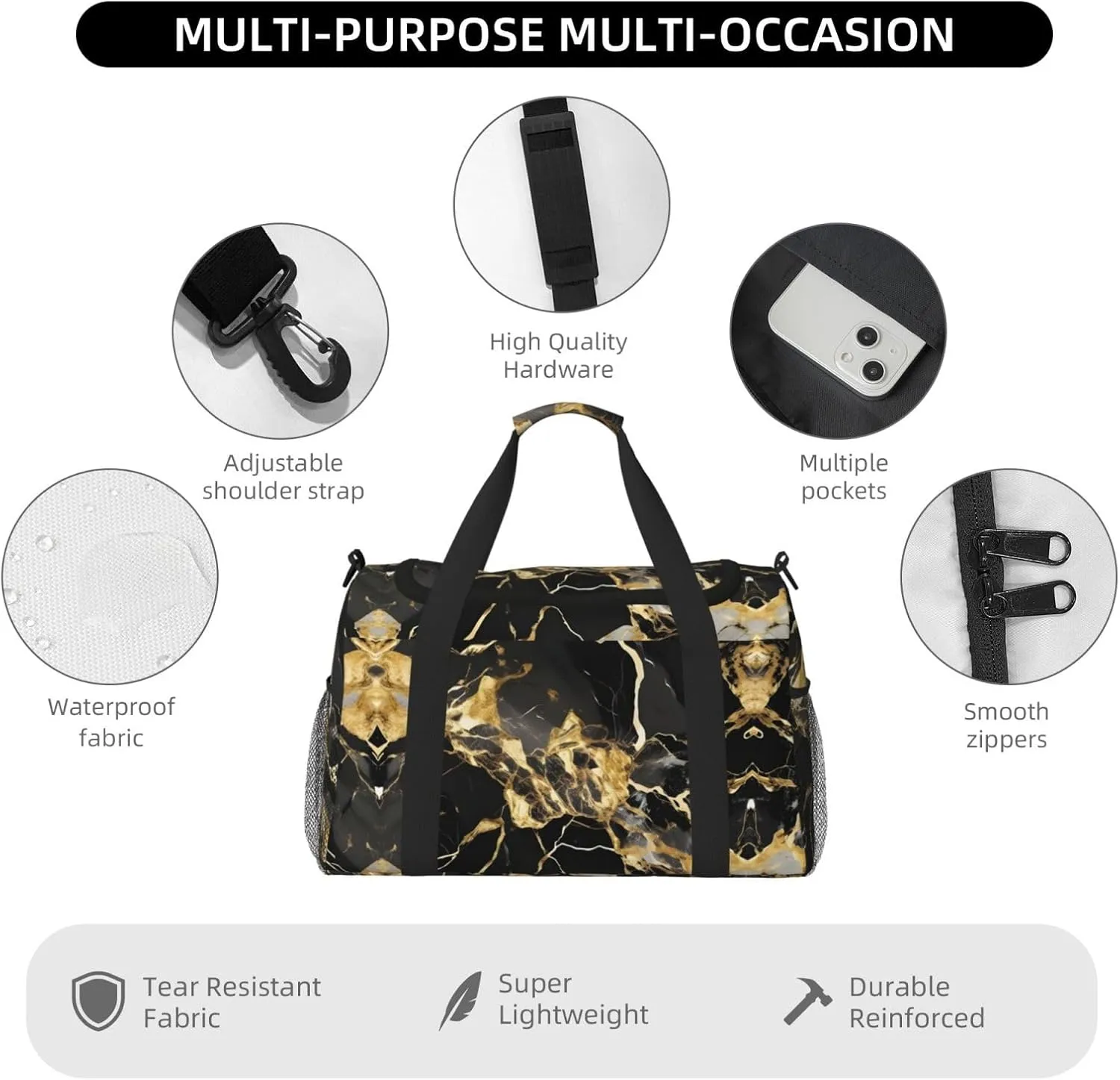 Black Marble Texture Golden Travel Duffel Bag With Zippers And Handles, Big Foldable Duffle Bag For Family Vacations