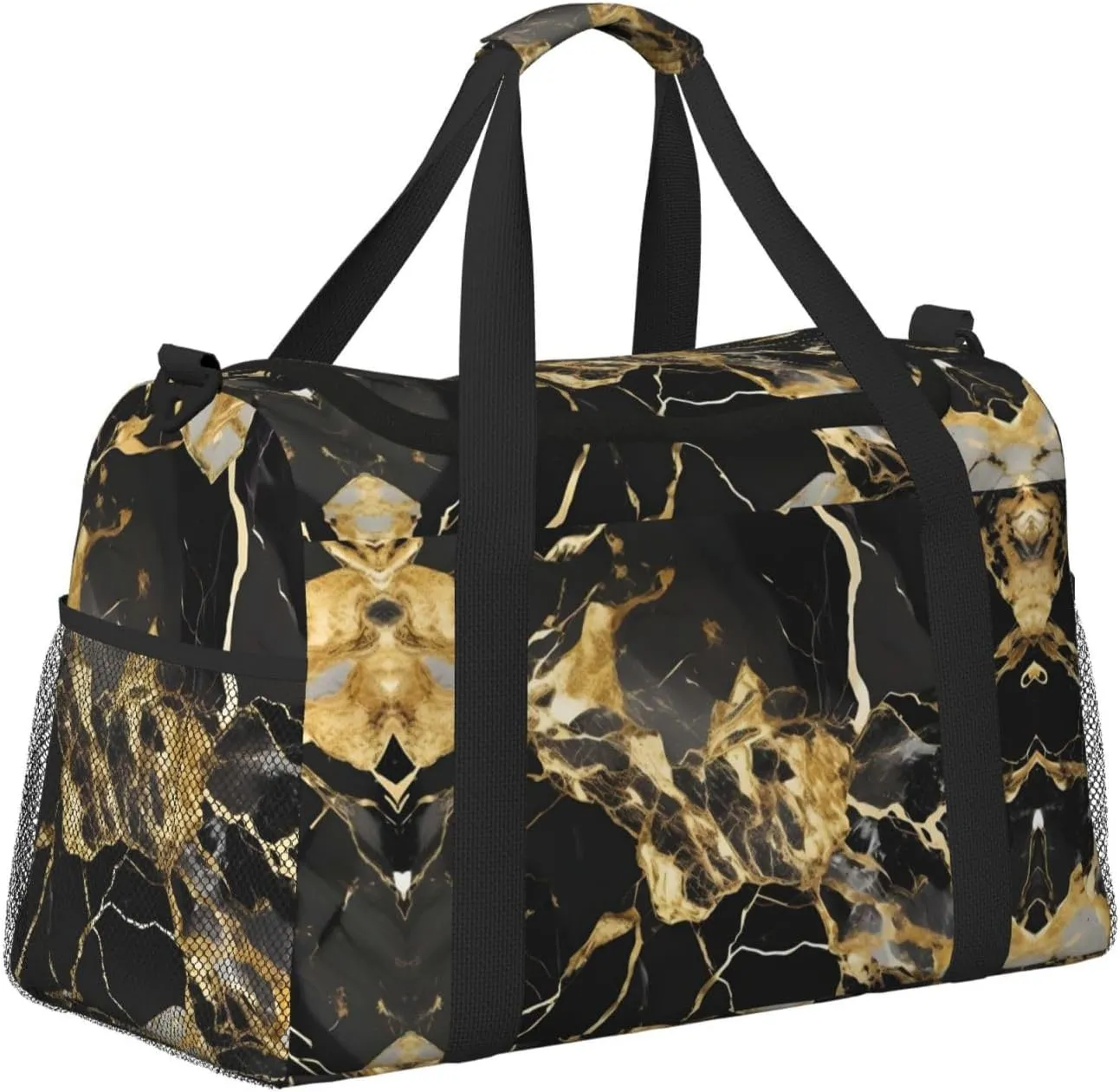 Black Marble Texture Golden Travel Duffel Bag With Zippers And Handles, Big Foldable Duffle Bag For Family Vacations
