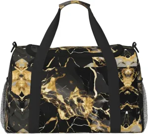 Black Marble Texture Golden Travel Duffel Bag With Zippers And Handles, Big Foldable Duffle Bag For Family Vacations