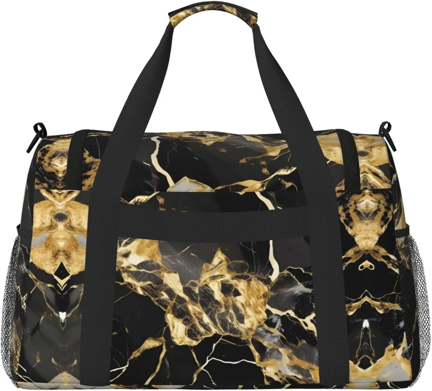 Black Marble Texture Golden Travel Duffel Bag With Zippers And Handles, Big Foldable Duffle Bag For Family Vacations