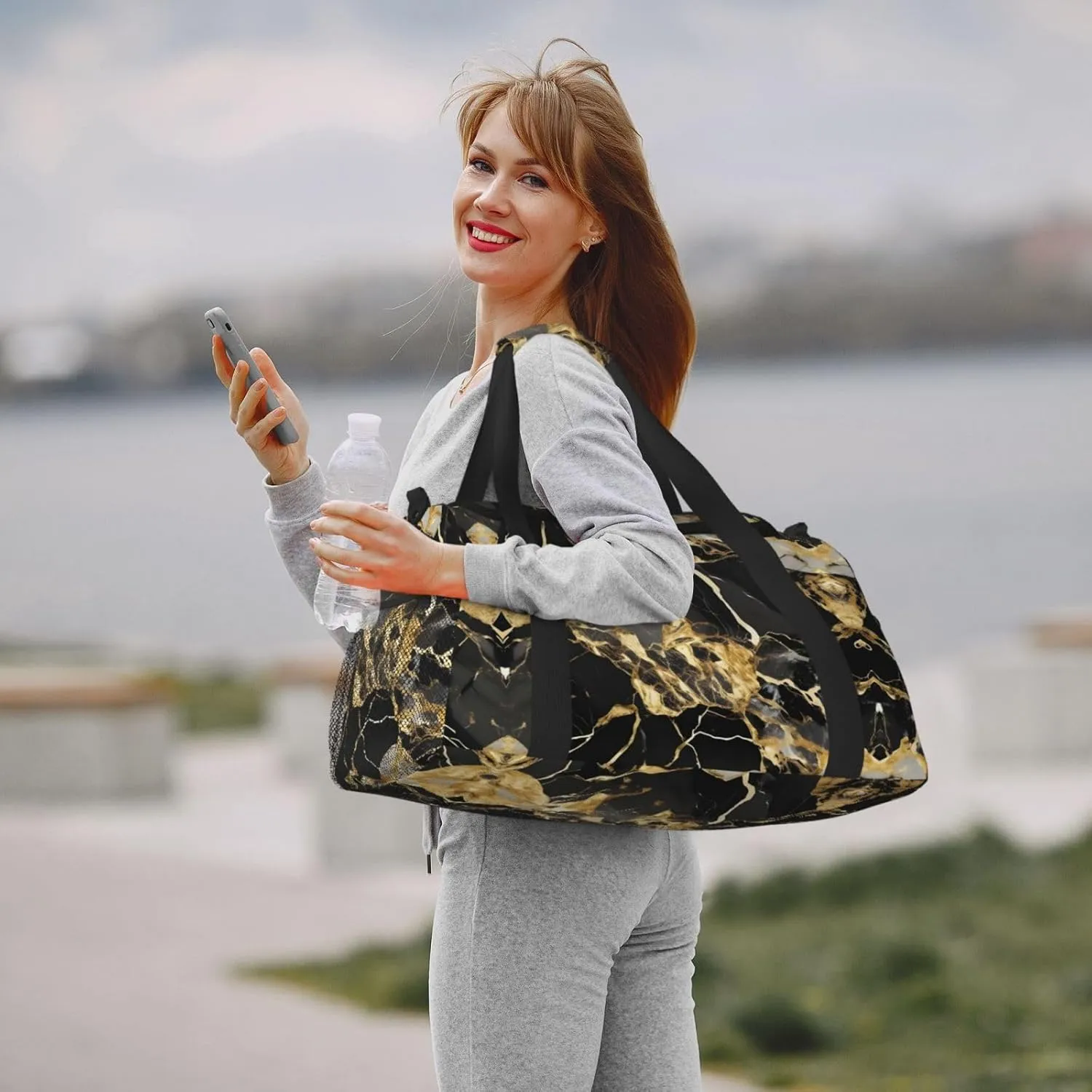 Black Marble Texture Golden Travel Duffel Bag With Zippers And Handles, Big Foldable Duffle Bag For Family Vacations