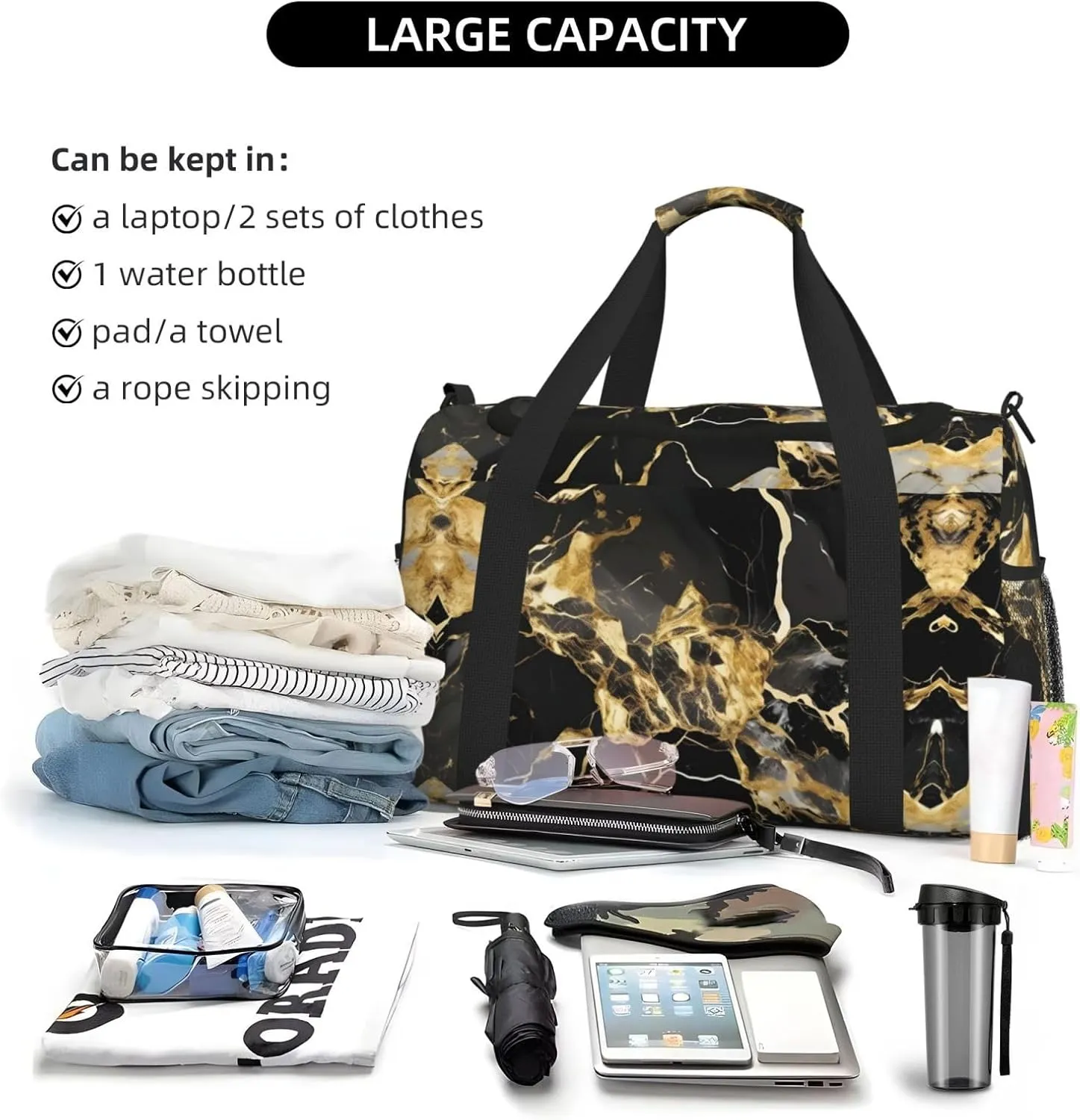Black Marble Texture Golden Travel Duffel Bag With Zippers And Handles, Big Foldable Duffle Bag For Family Vacations